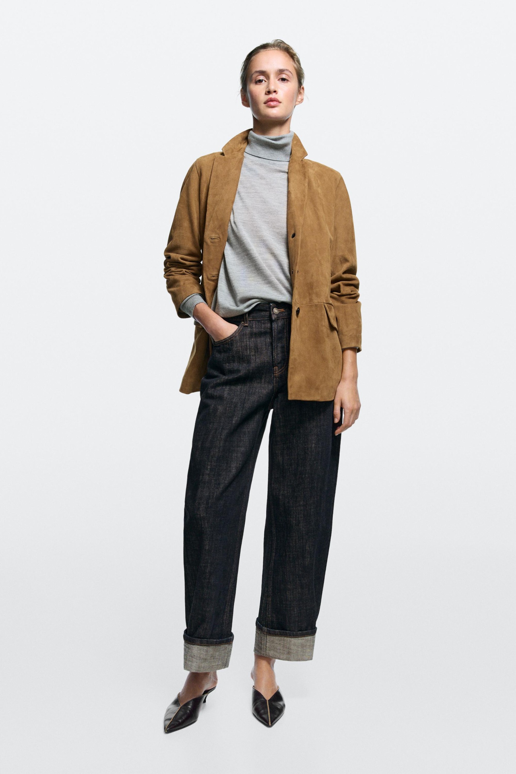 Massimo Dutti, High-Waist Barrel Fit Jeans With Cuffed Hems