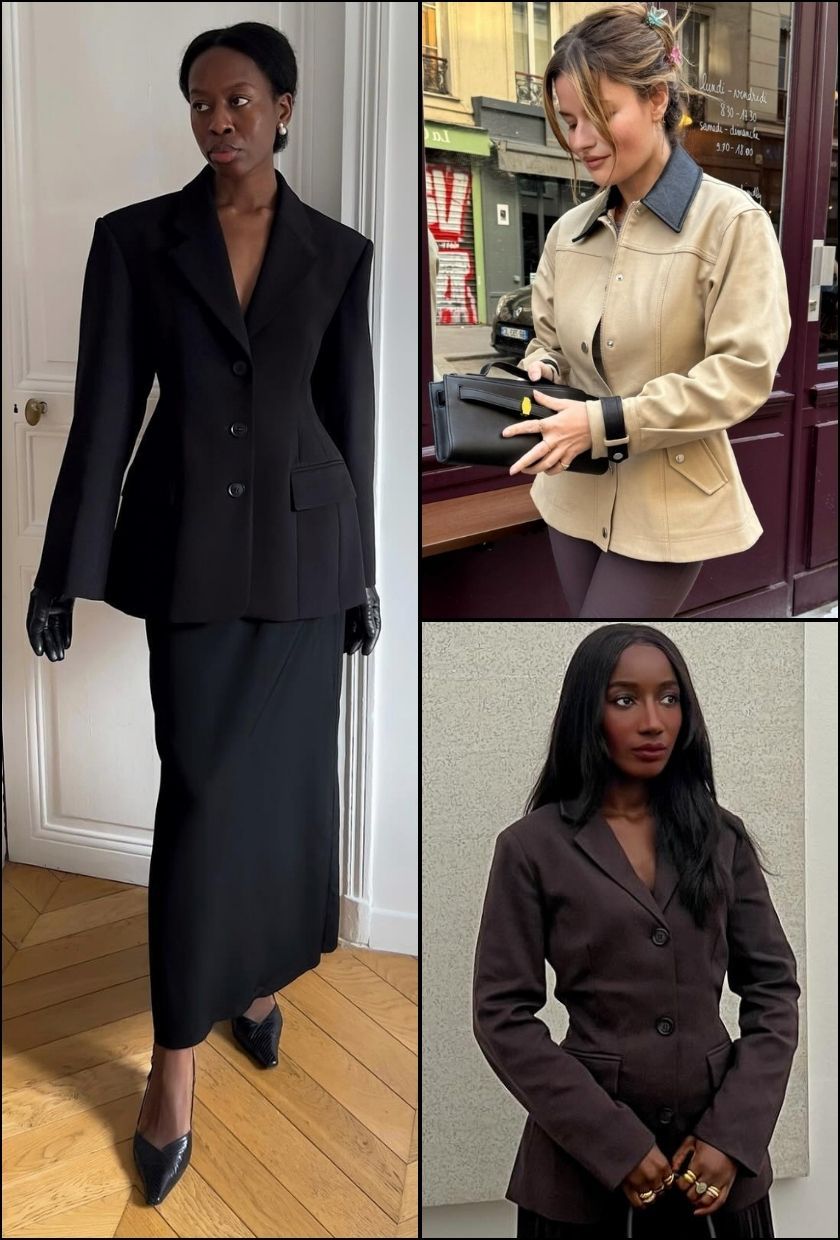 @sylviemus_ wears a black waisted jacket and maxi skirt, @sabinasocol wears a waisted barn jacket and brown leggings, @aidabadji_wears a brown waisted jacket