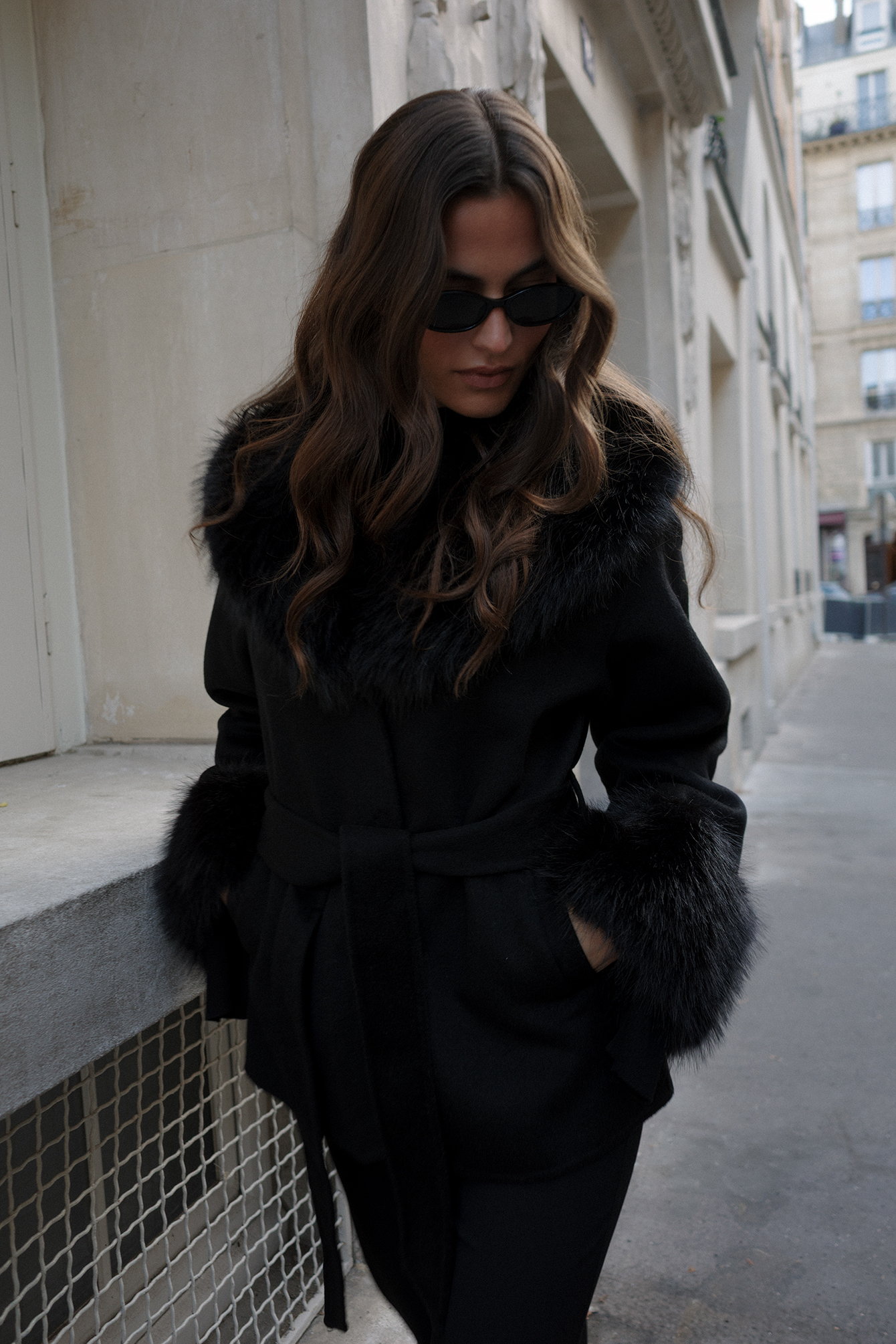Wool Blend Faux Fur Detail Short Coat