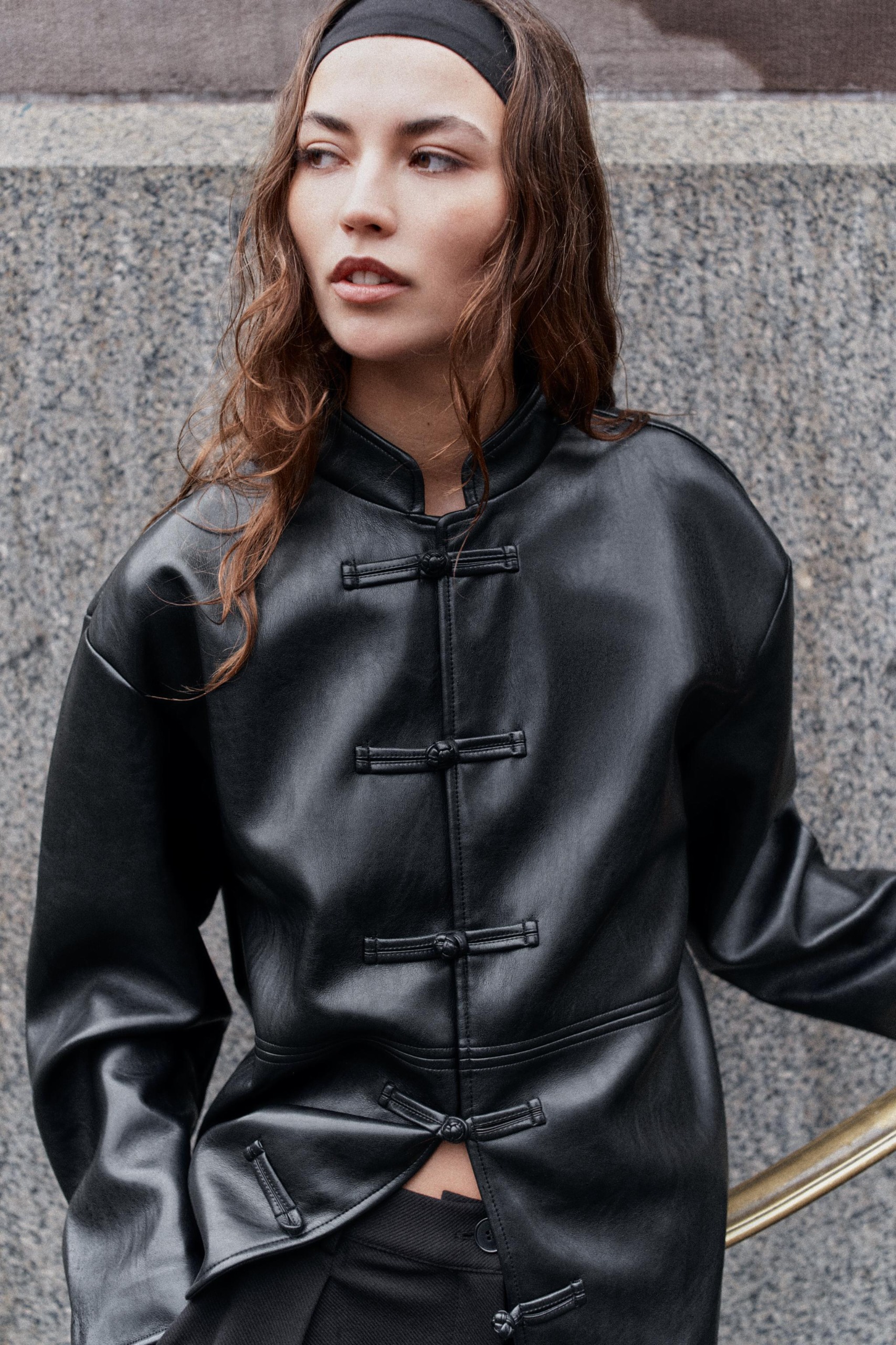 Leather Effect Jacket With Frog Fastening - Black - S