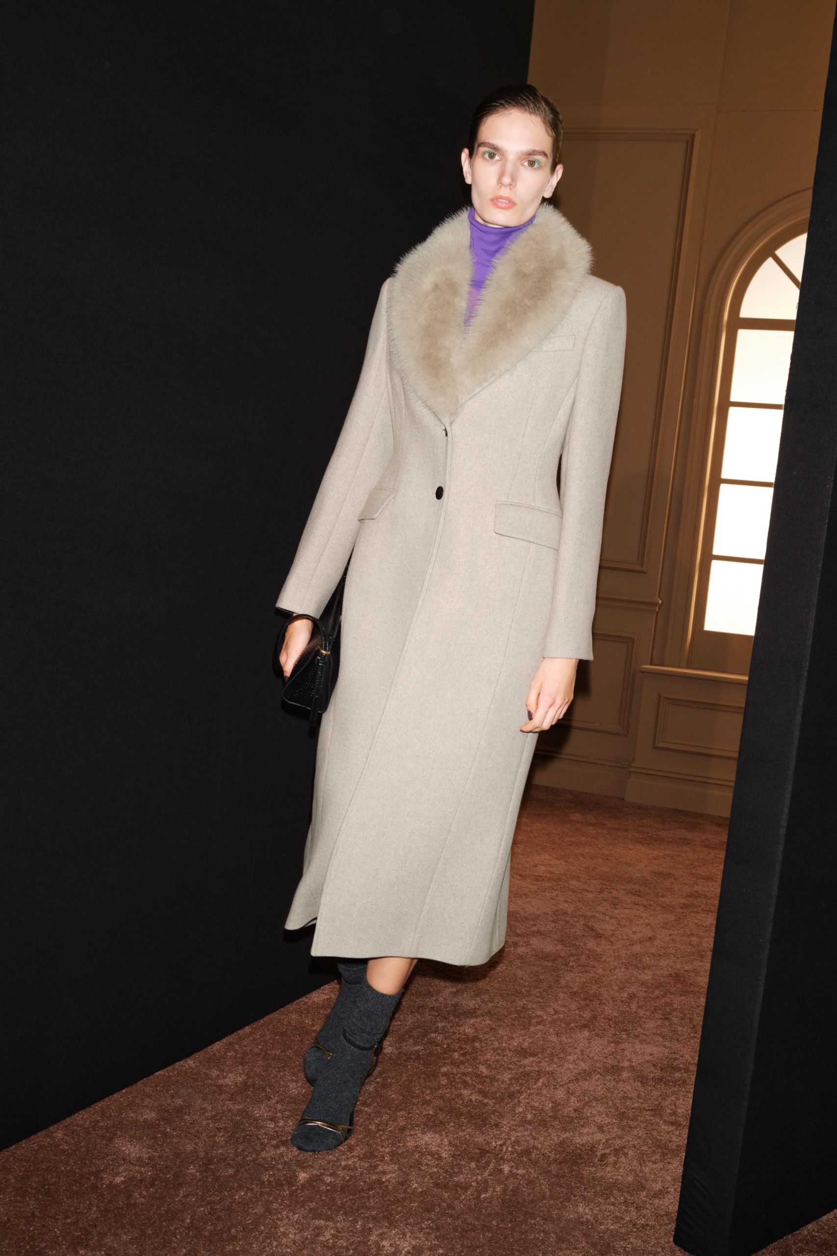 ZARA Zw Collection Wool Faux Fur Collar Coat - Stone - Xs