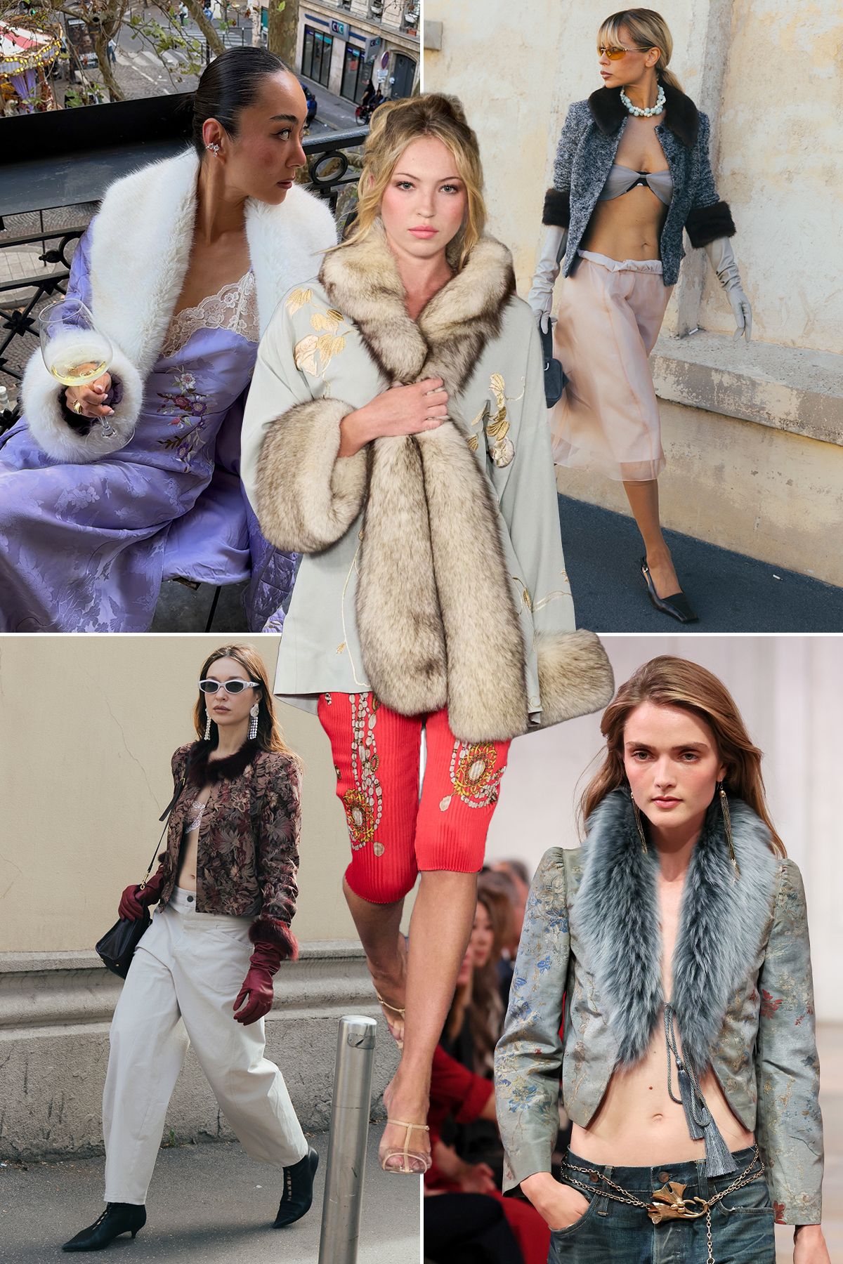A collage of the fur-trim maximalist autumn 2026 fashion trend.