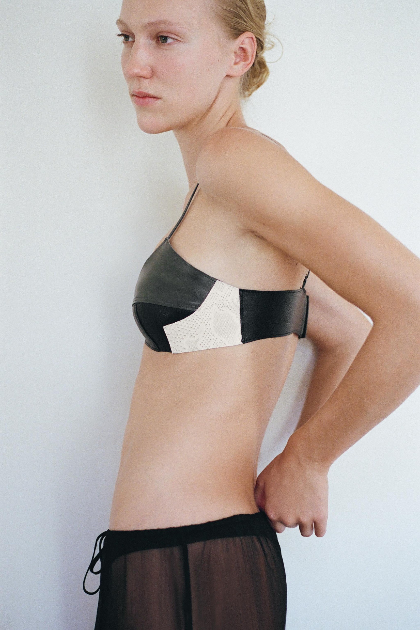 100% Leather Mixed-Material Bralette - Black / Ecru - S