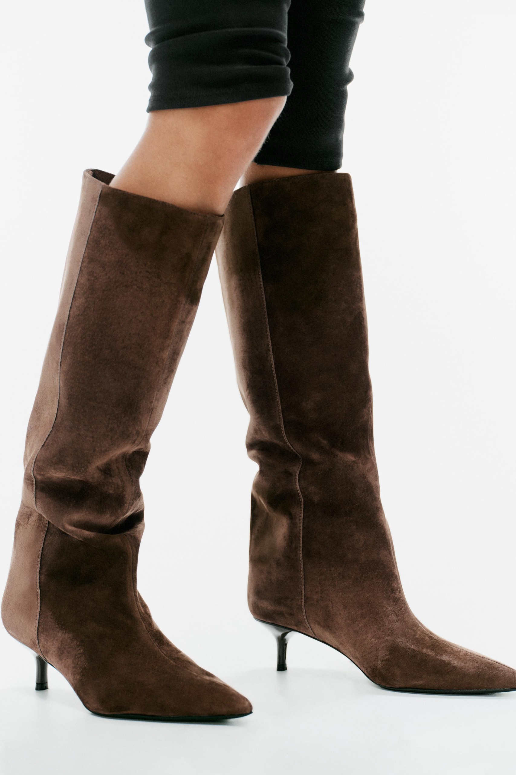 Leather Kitten Heel Boots - Brown - 5