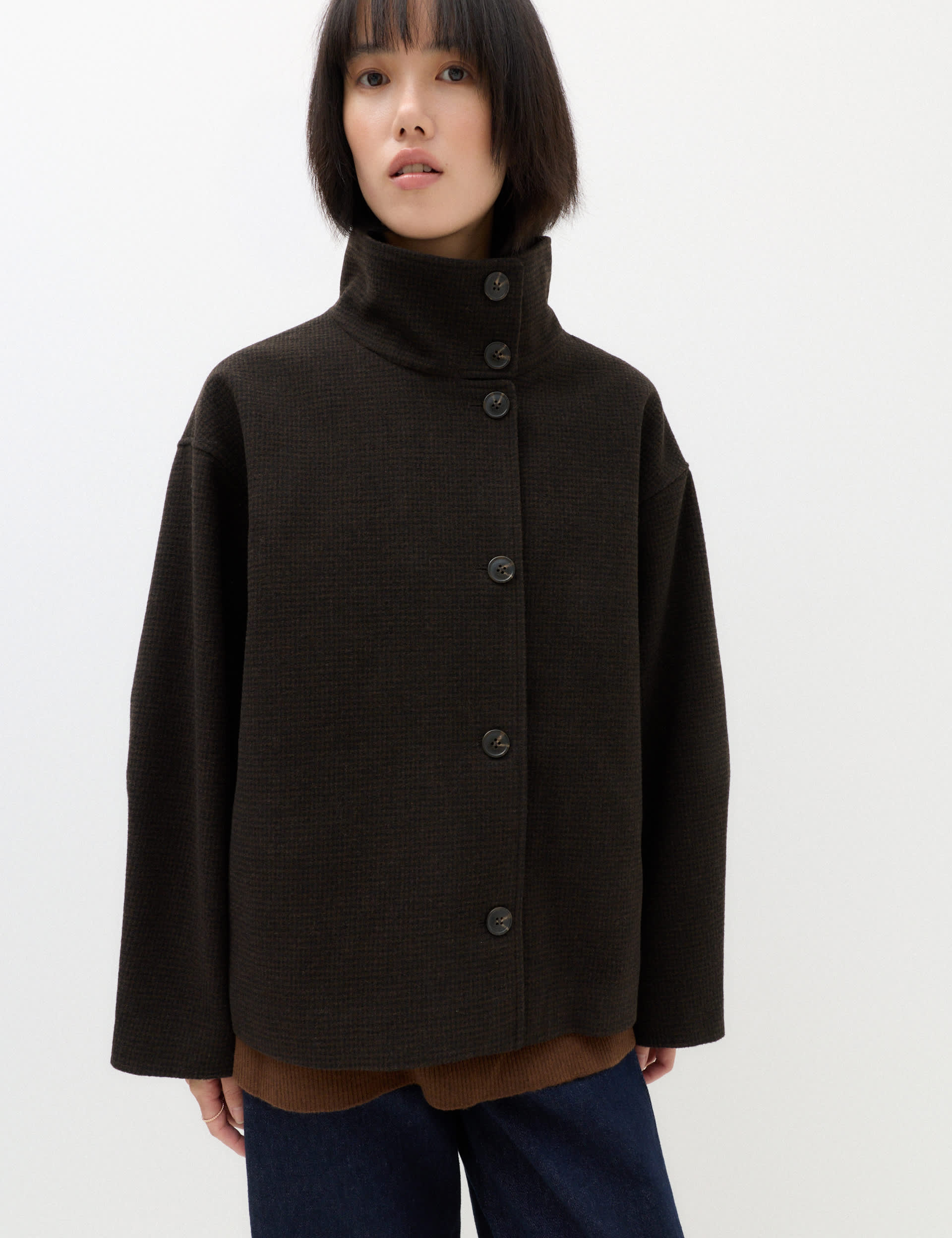 Checked Funnel Neck Short Coat With Wool