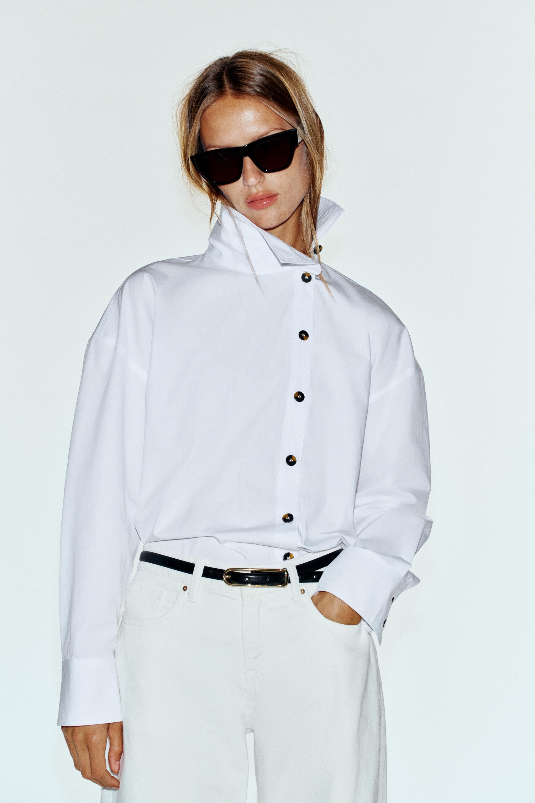 High-Neck Poplin Shirt - White - Xs