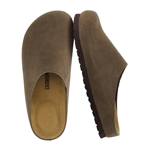 Cushionaire Lute Genuine Suede Leather Clogs for Women Indoor and Outdoor &ndash; Comfortable Slip on Womens Clogs With Cushioned Footbed, Dark Taupe 9