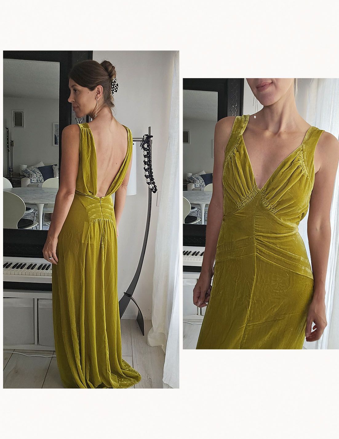 Judith Jones in a gold velvet dress