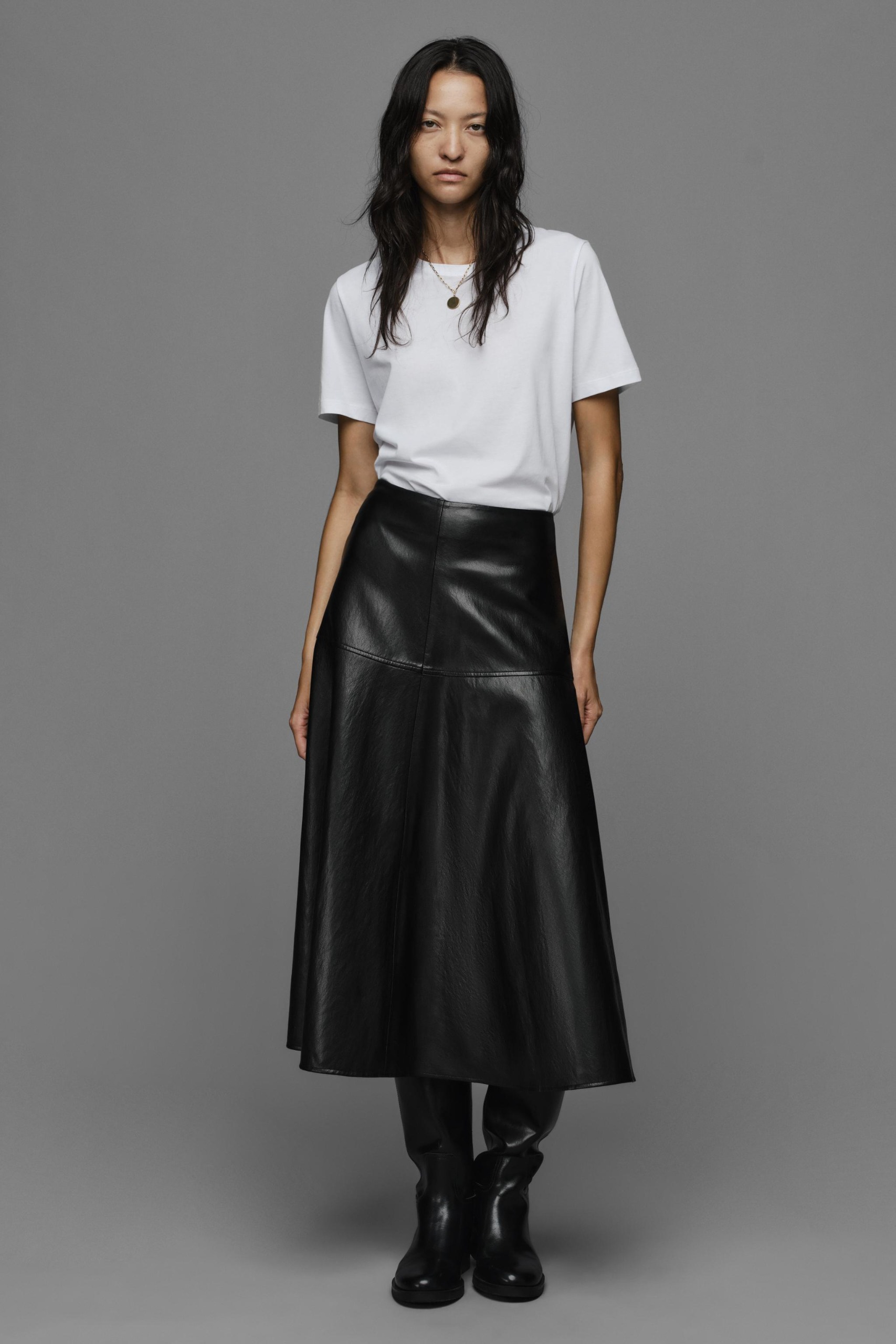 Leather Effect Midi Skirt - Black - Xs