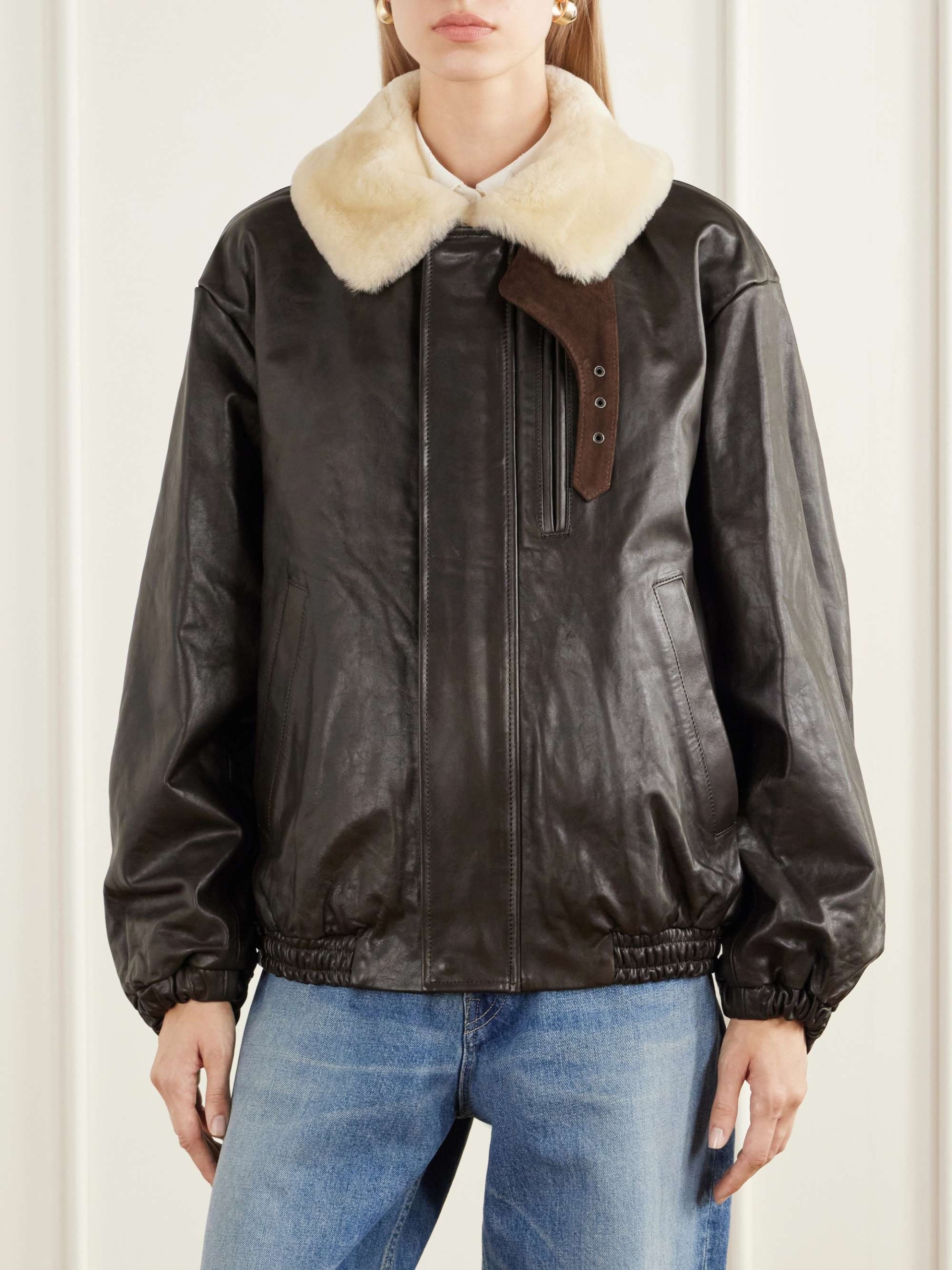 Shearling and Suede-Trimmed Leather Jacket