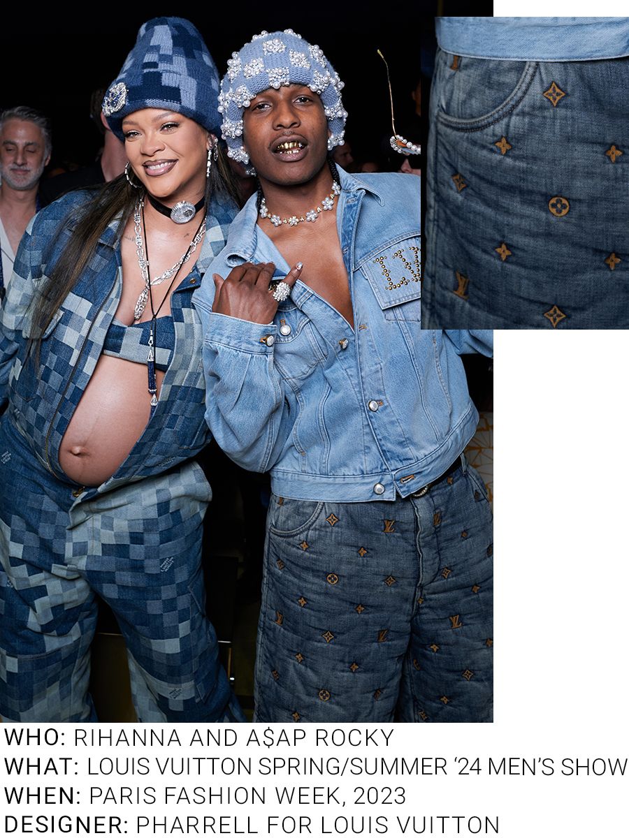 An image of Rihanna and A$AP Rocky wearing an iconic denim outfit whilst attending the Louis Vuitton SS24 men's show.