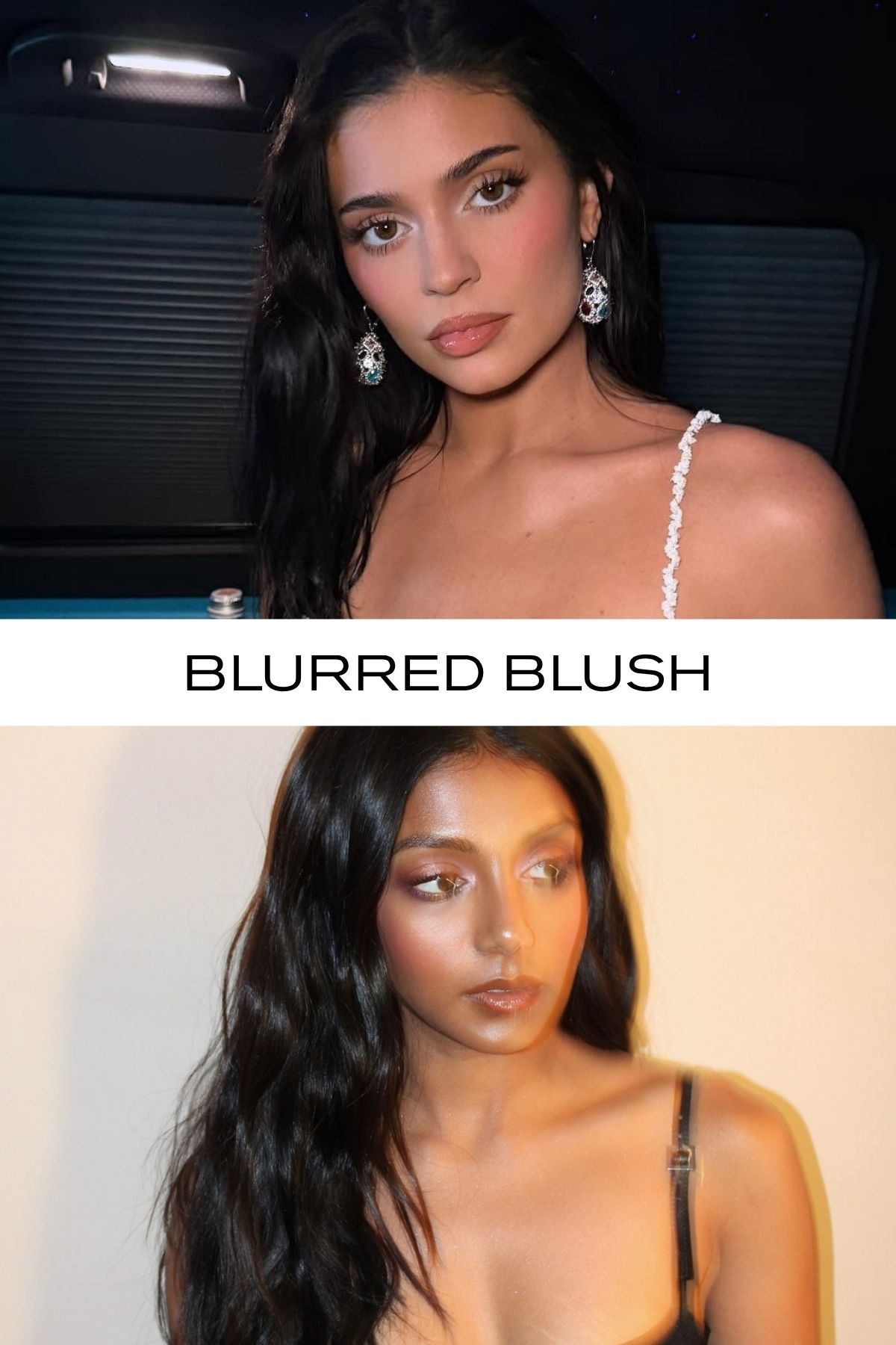 A picture of Kylie Jenner and Charithra Chandran with blurred makeup looks with the text