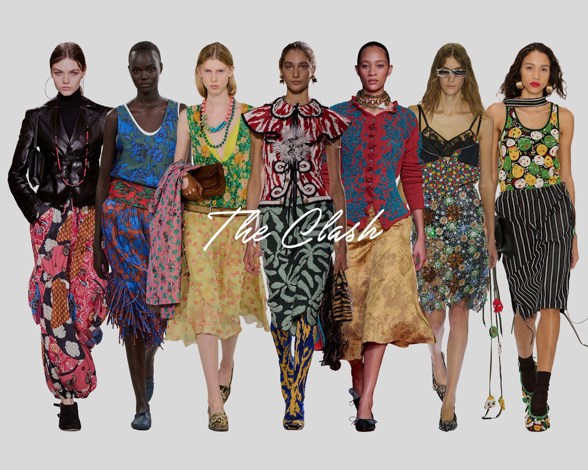 Collage of models wearing trends on the spring/summer 2027 runways.