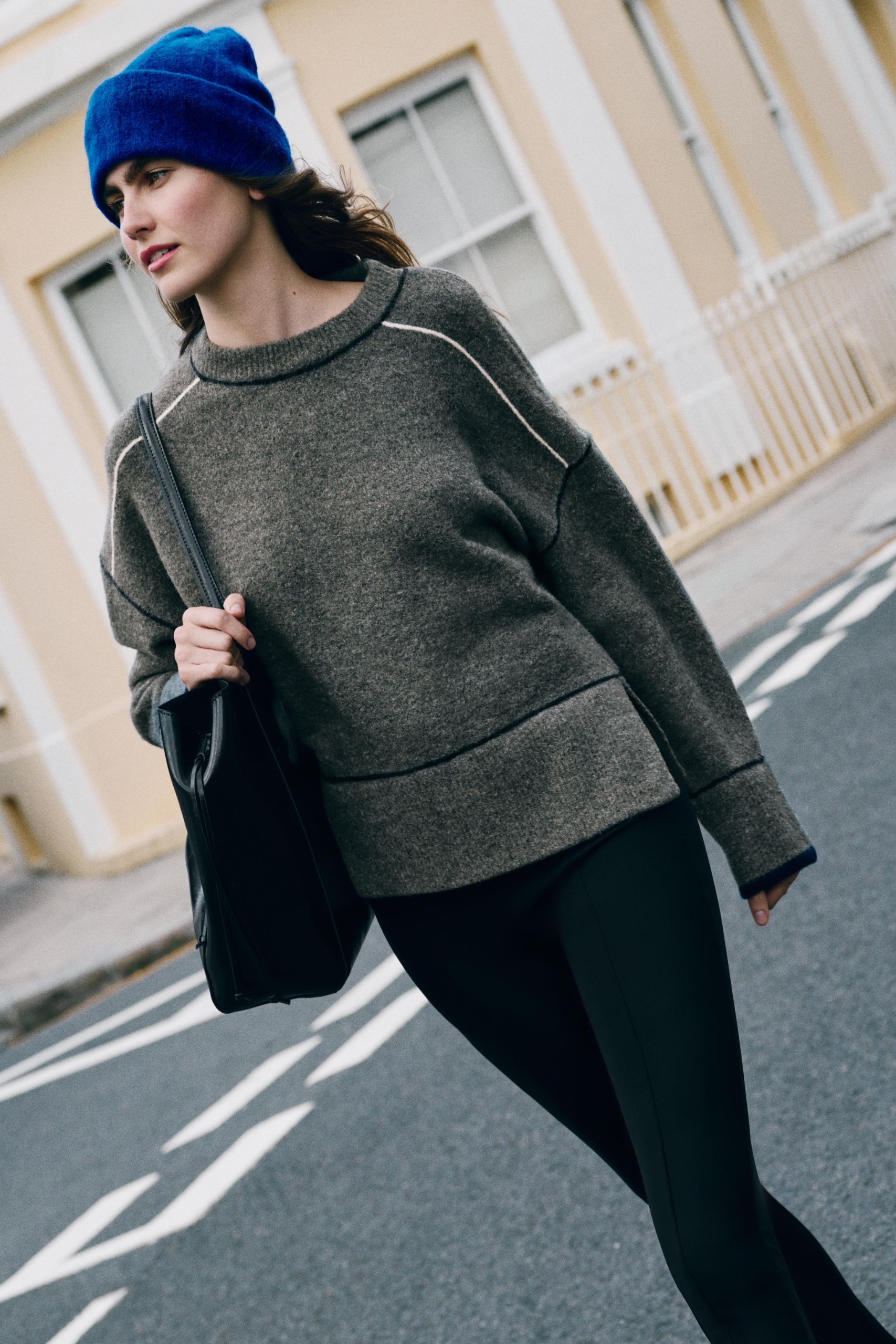 Contrast Piping Knit Sweater - Mid-Gray - Xs