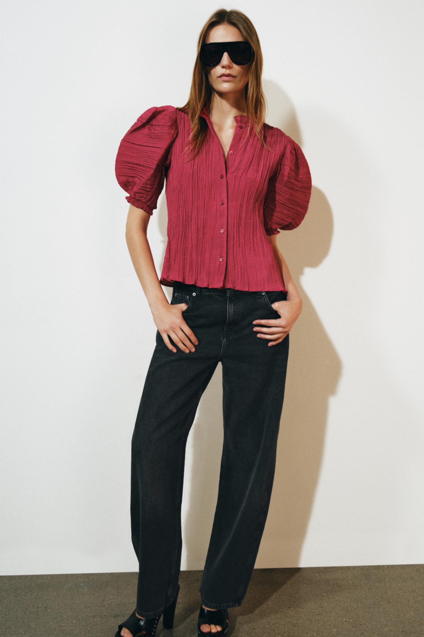 Zw Collection Puff Sleeve Shirt - Dark Red - Xs