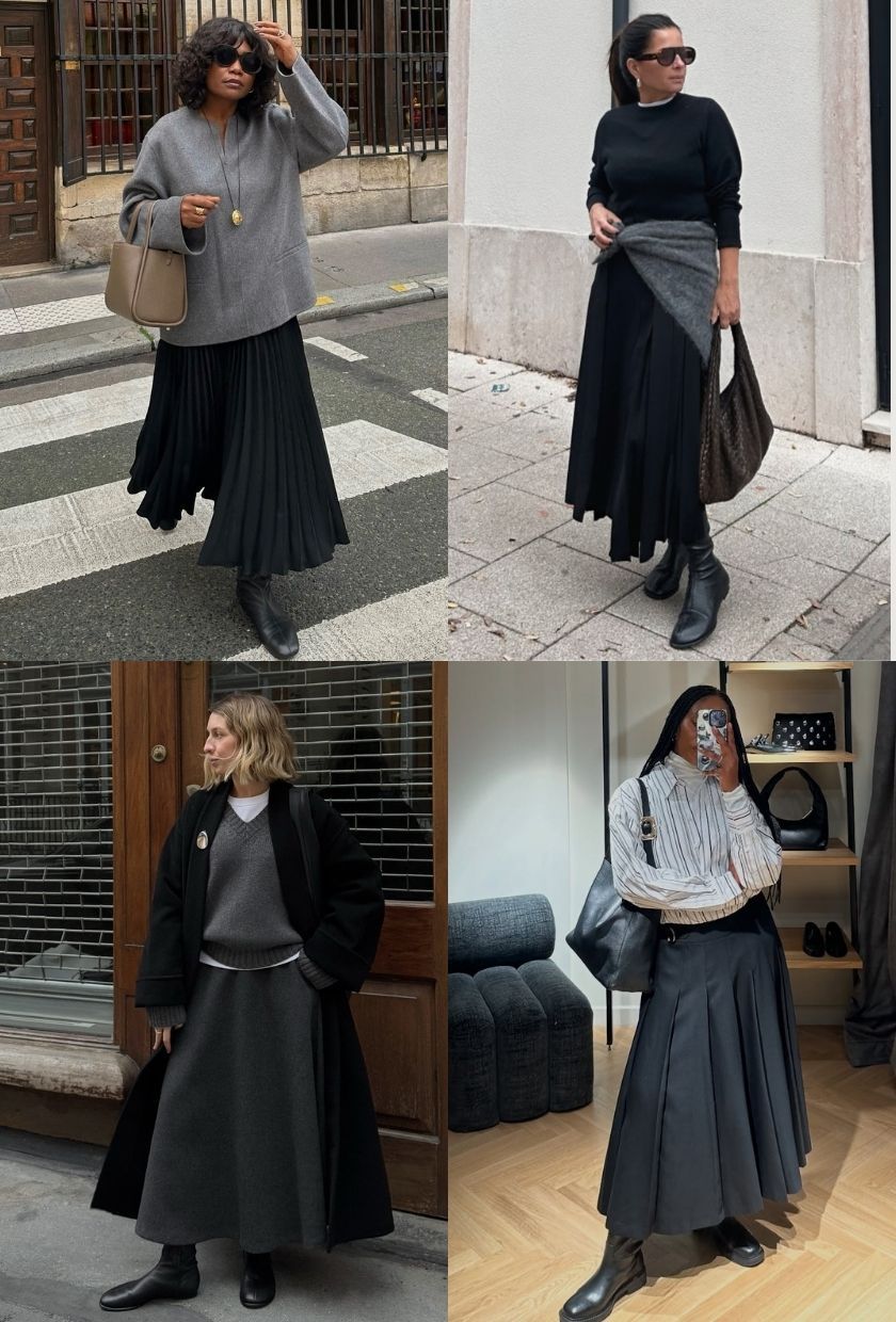 @frannfyne and @mcristinastyling wearing black pleated skirts and black leather sock boots, @brittanybathgate and @ebonylouisefrancis wearing dark grey pleated skirts and black leather sock boots