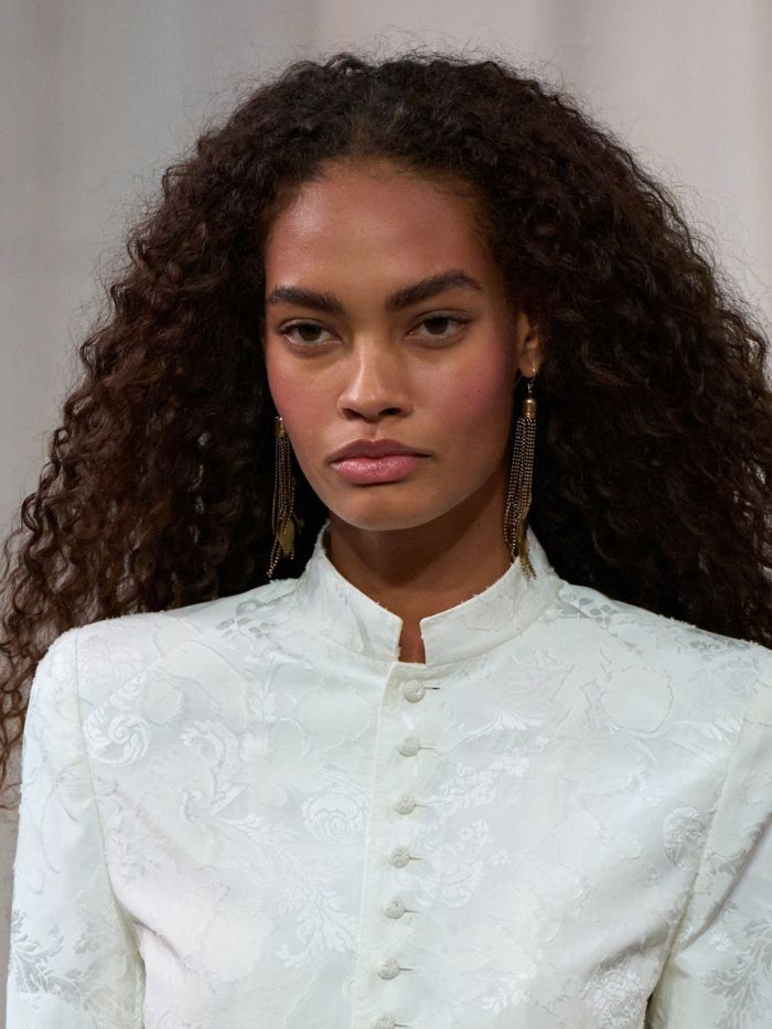 A close-up of the hair and makeup at the Ralph Lauren S/S 27 fashion show