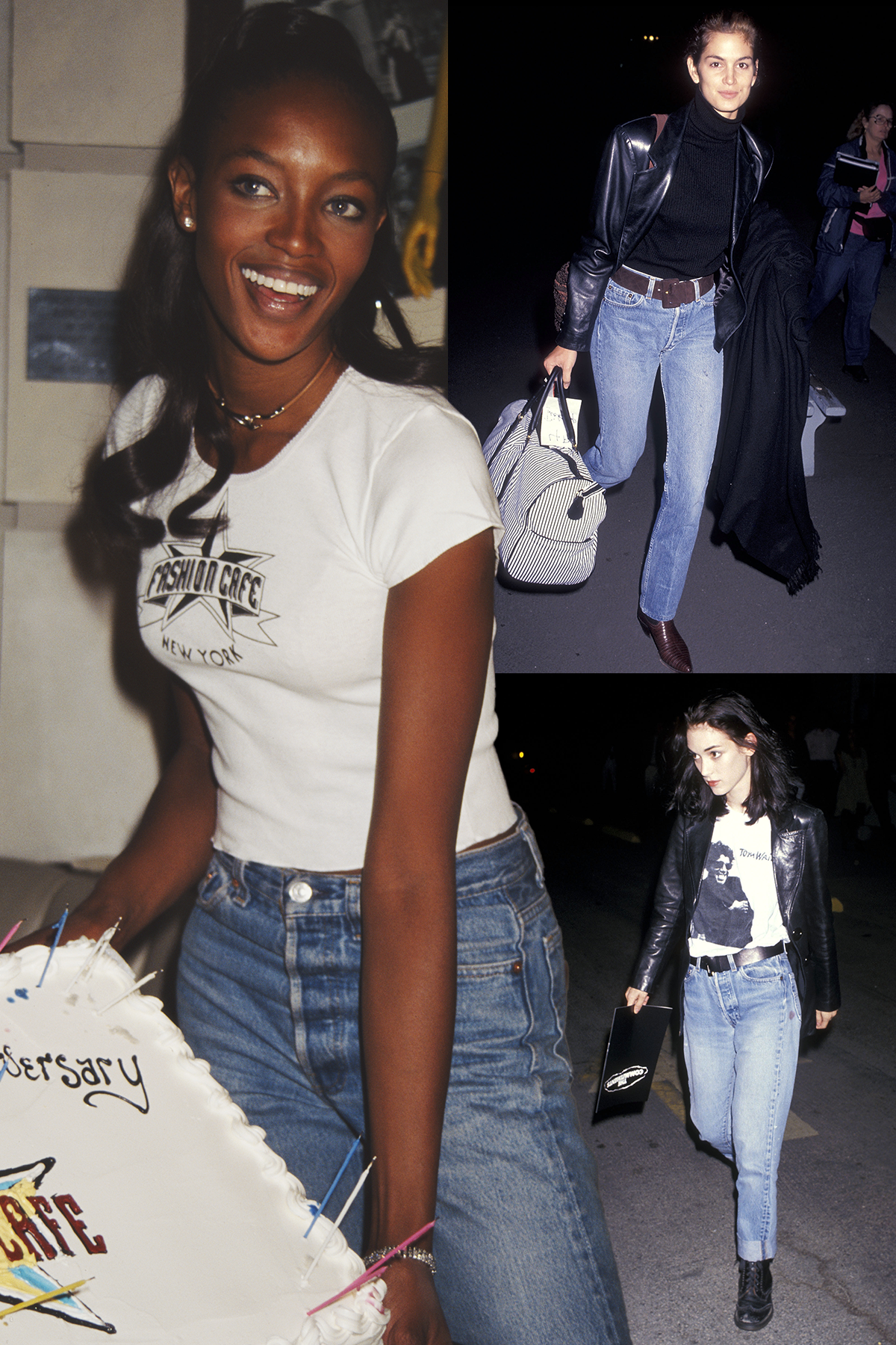 Naomi Campbell wearing Levi's jeans with a slogan tee, Cindy Crawford wearing Levi's jeans with a black coat and Winona Ryder wearing Levi's jeans with a leather jacket