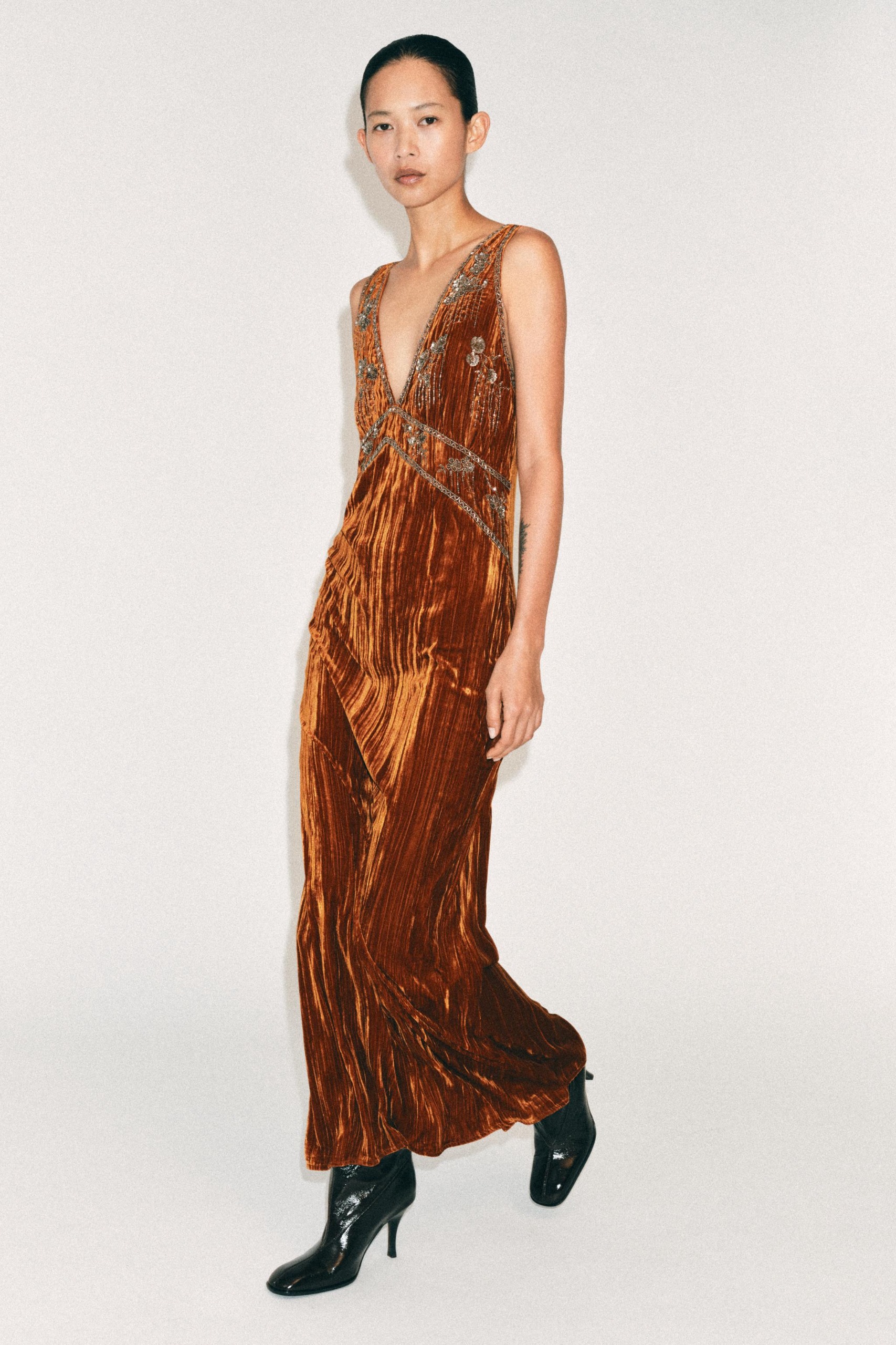 Zw Collection Velvet Beaded Dress - Orange - Xs