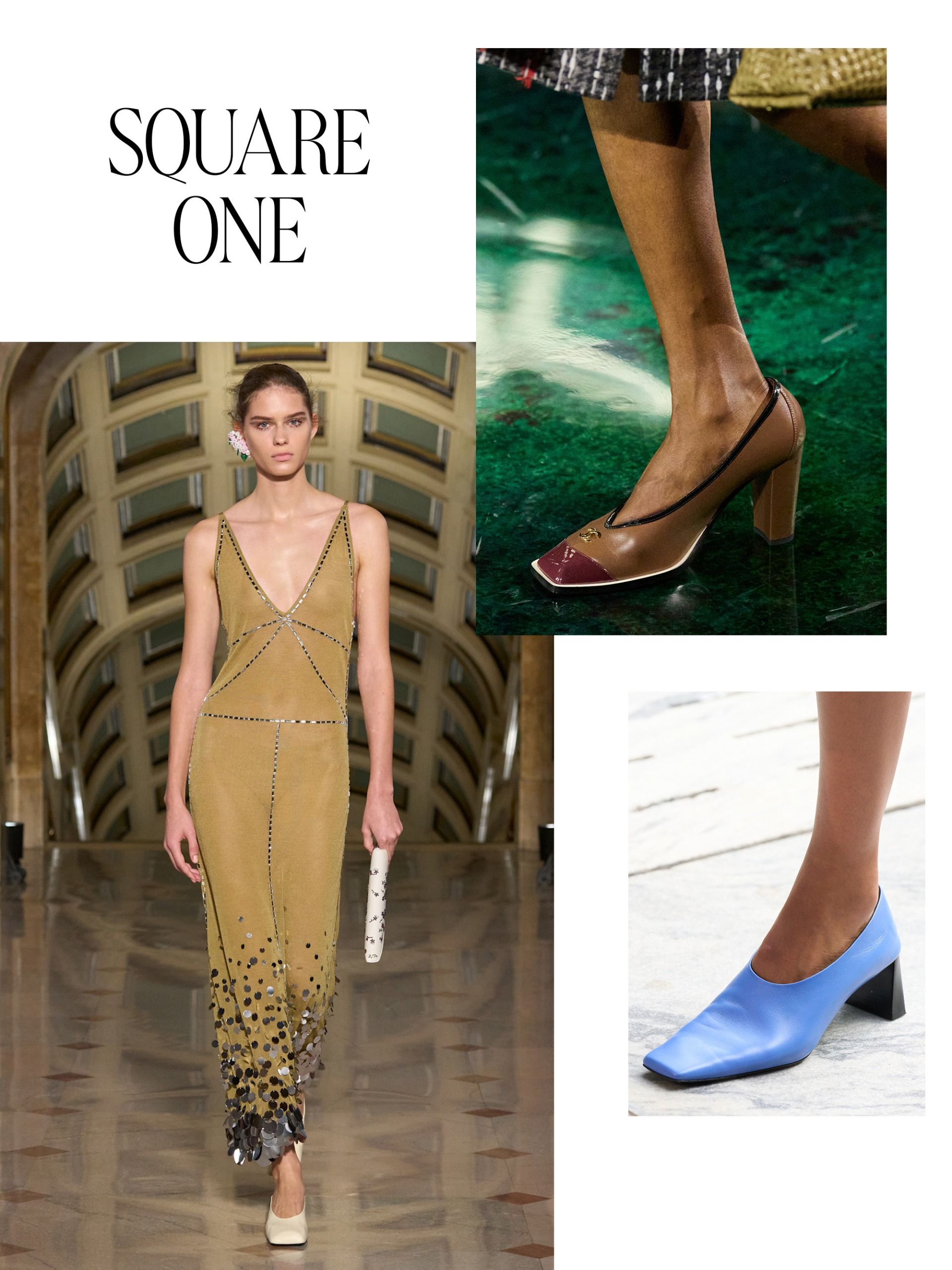 a collage of detail and full look runway images from the spring/summer 2027 collections featuring the major shoe trends
