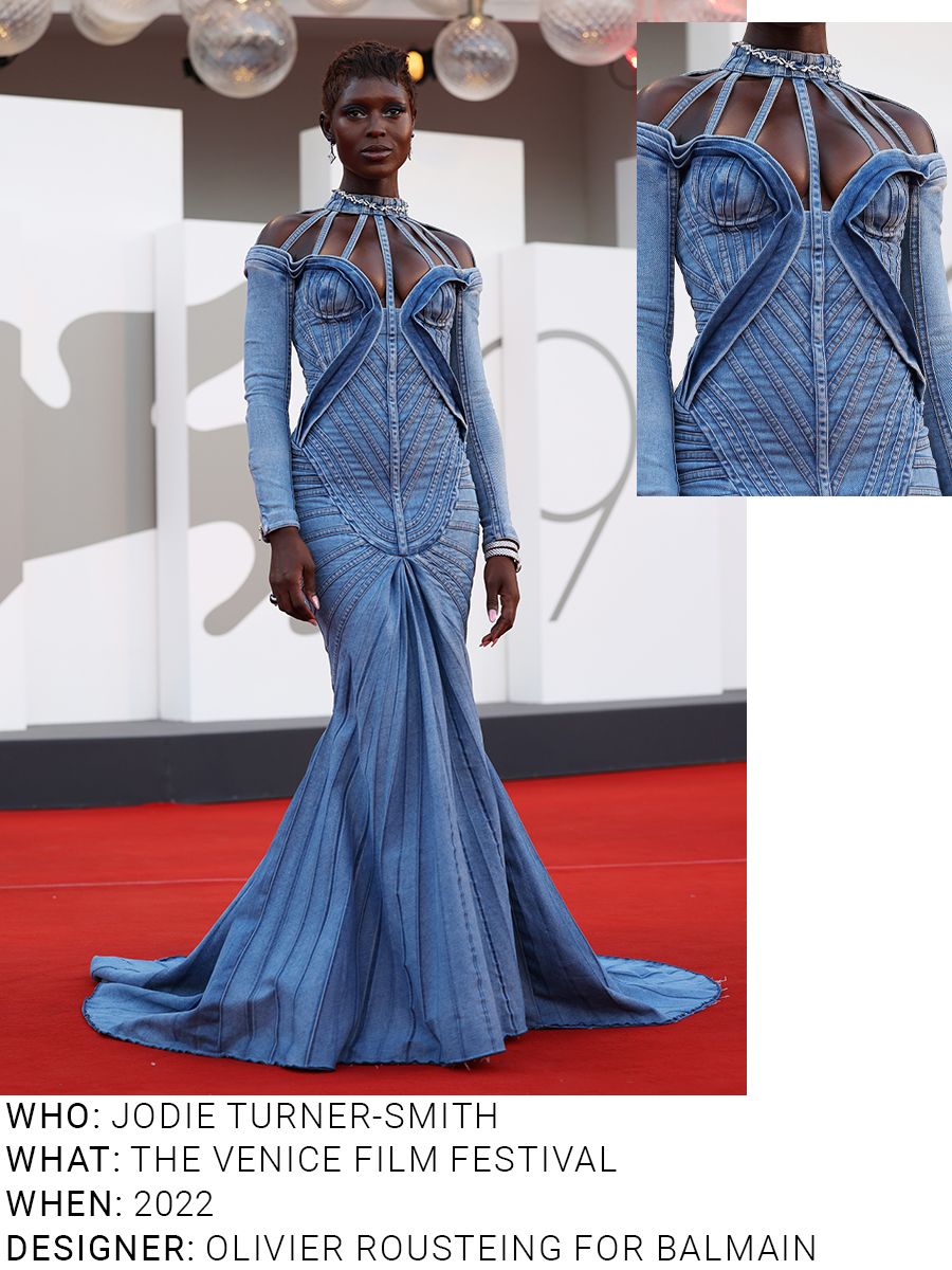 An image of Jodie Turner-Smith wearing an iconic denim outfit whilst at the 2022 Venice Film Festival.