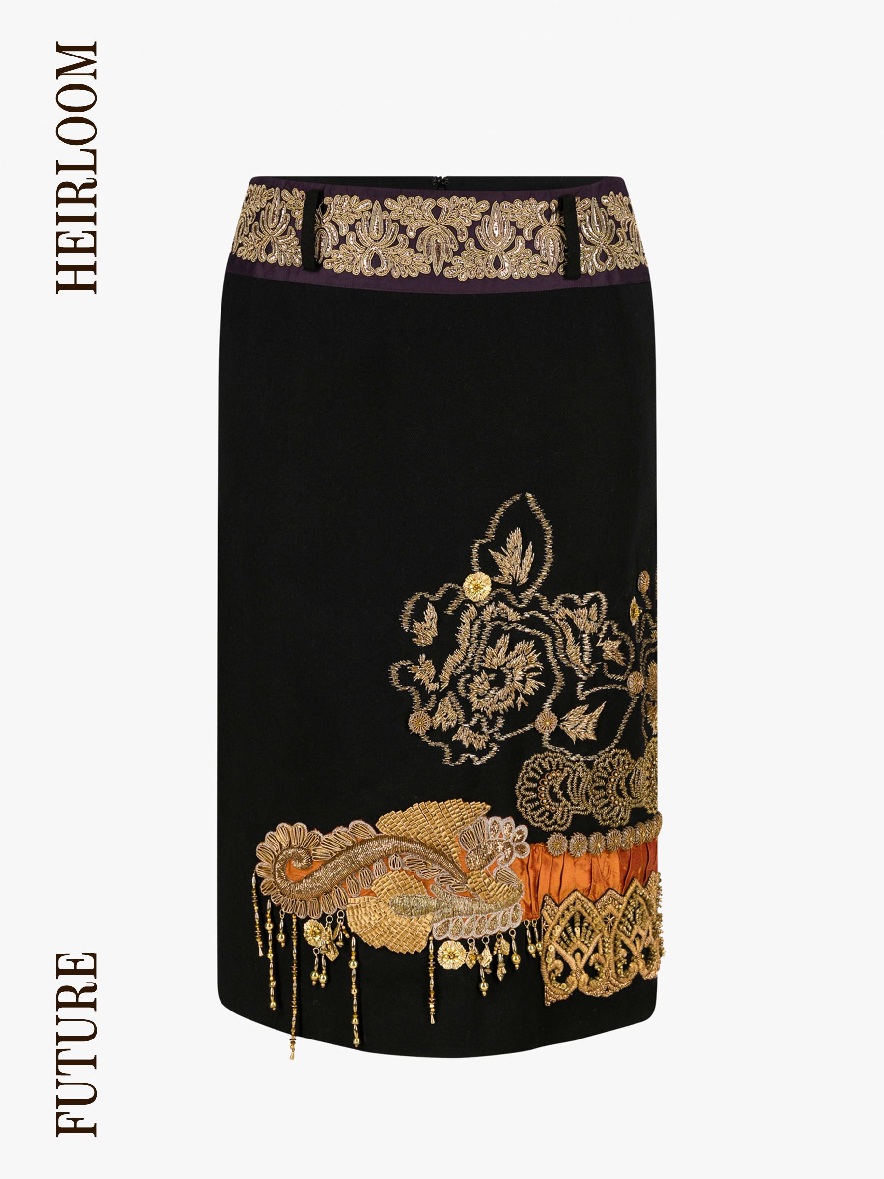 Gold embellished black velvet skirt by Dries Van Noten