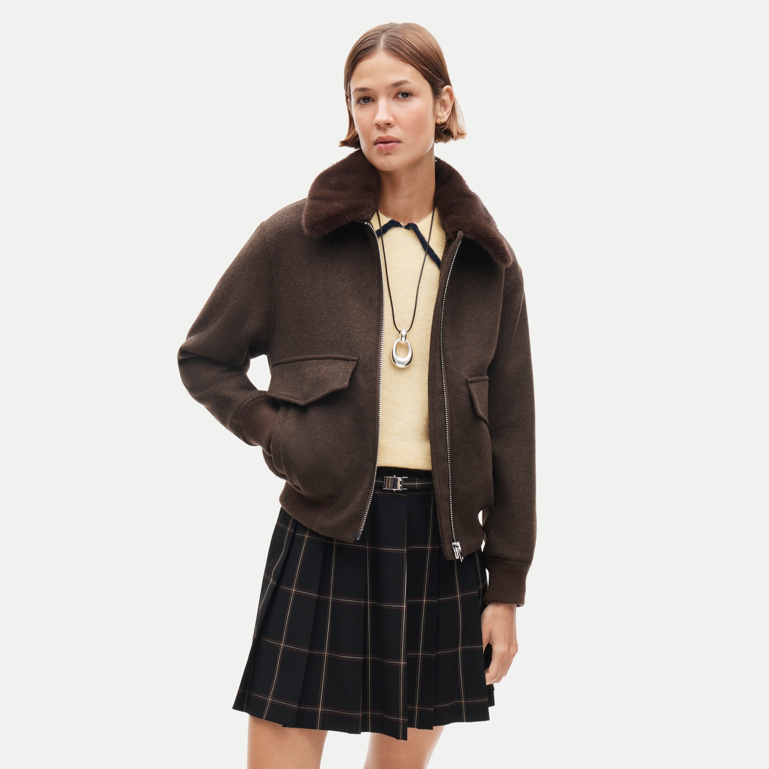 Wool-Blend Bomber Jacket With Removable Faux-Fur Collar