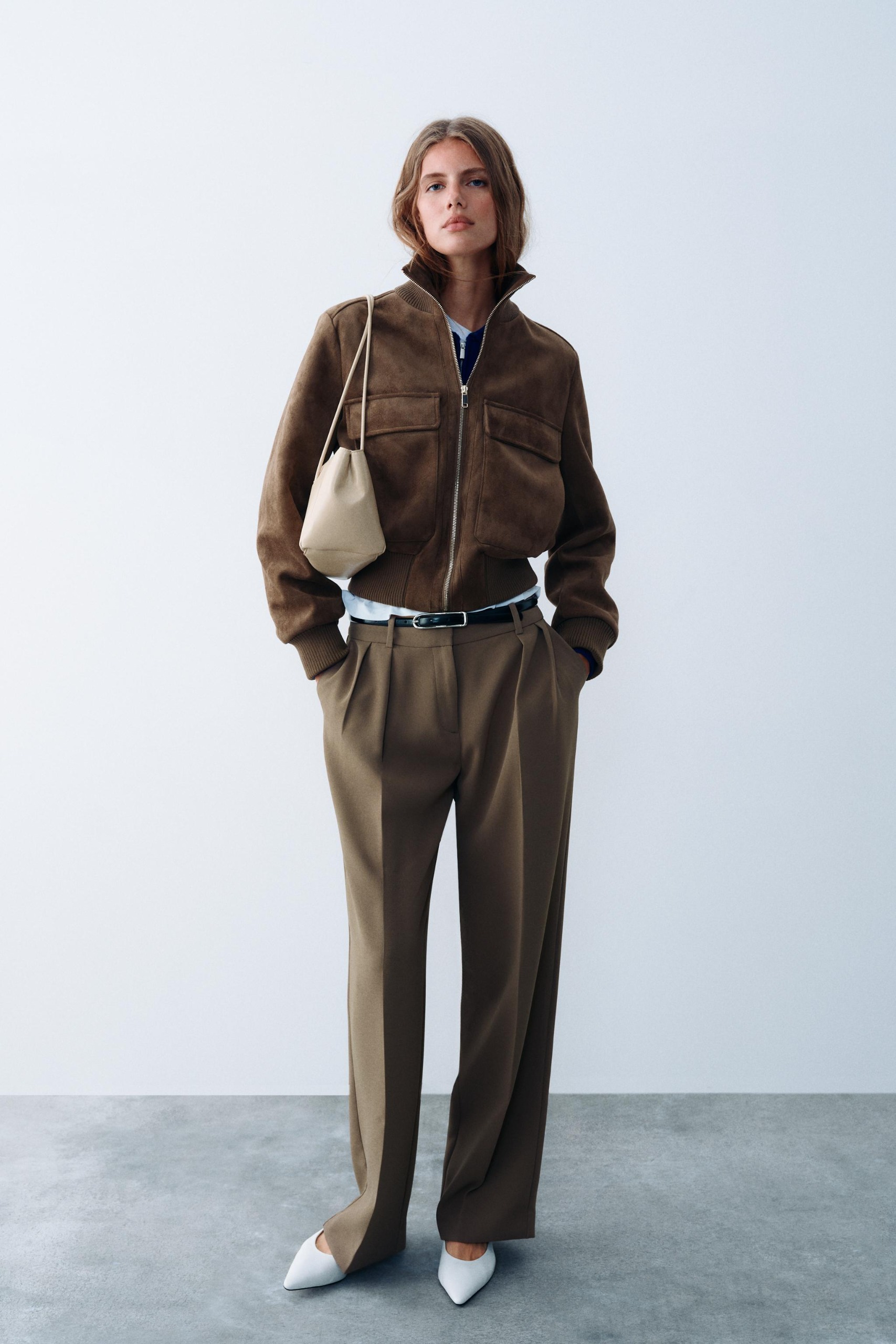 Faux Suede Bomber Jacket - Brown - Xs