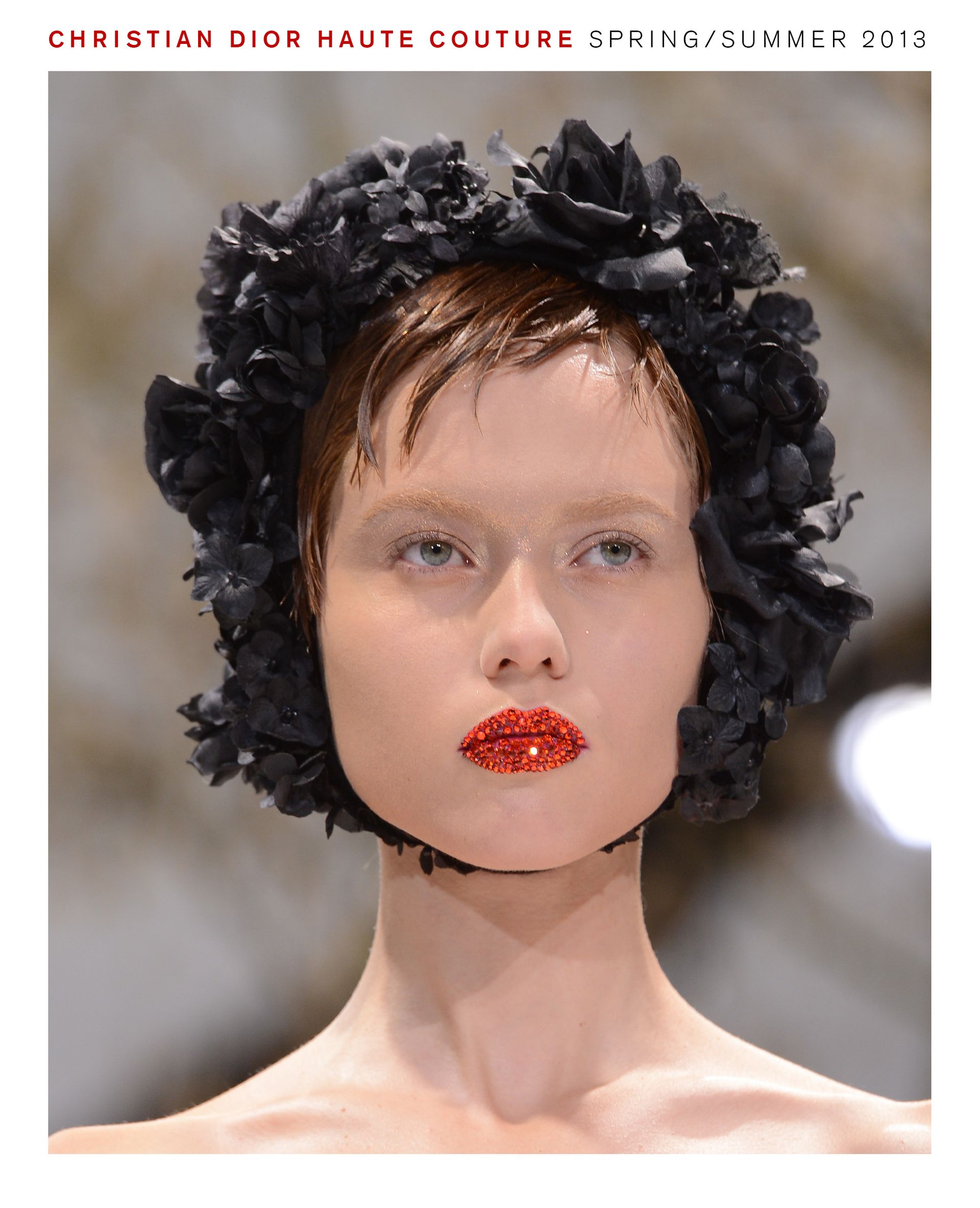Model wearing Pat McGrath makeup look for Christian Dior Haute Couture spring/summer 2013 show.