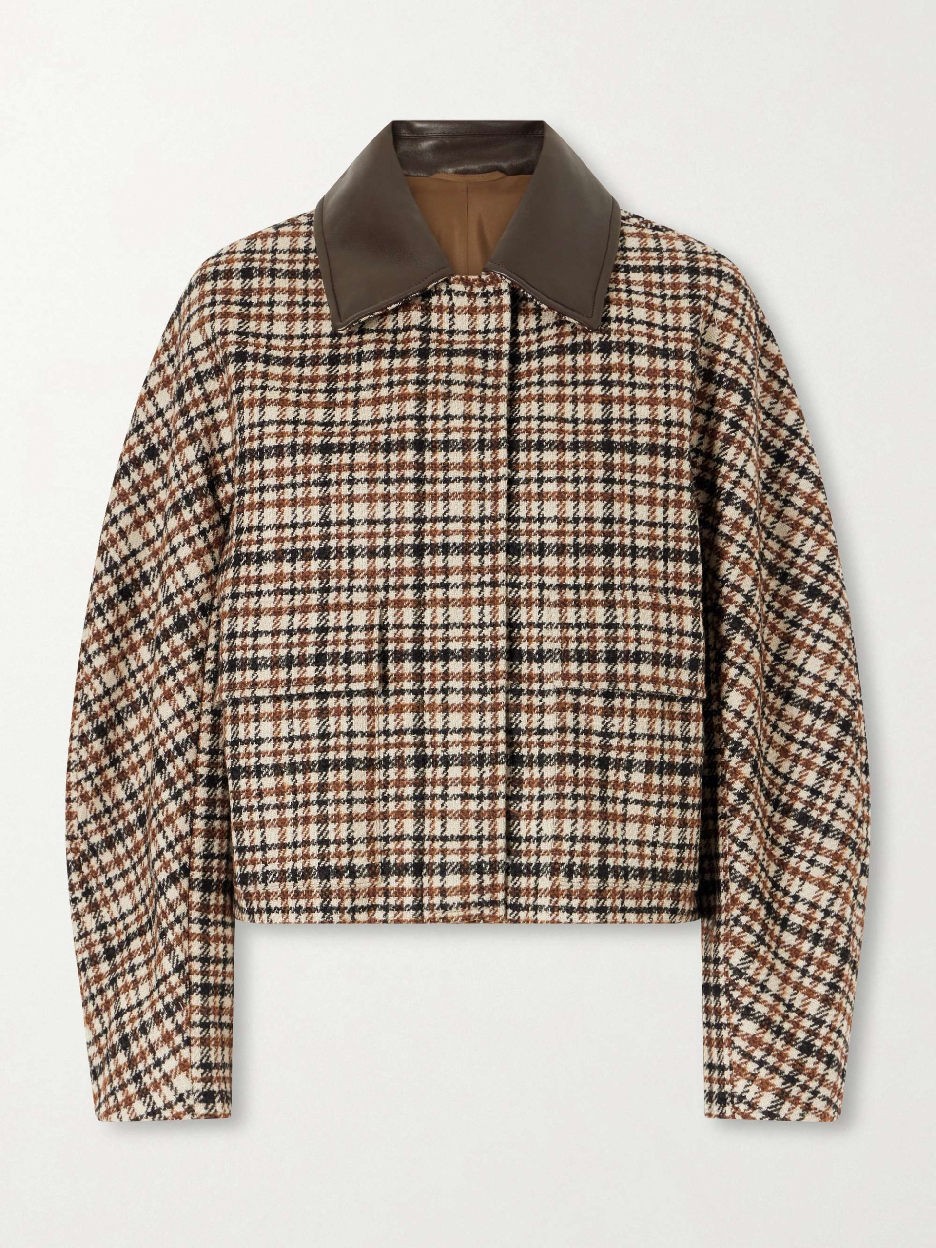 Checked Leather-Trimmed Wool-Blend Jacket