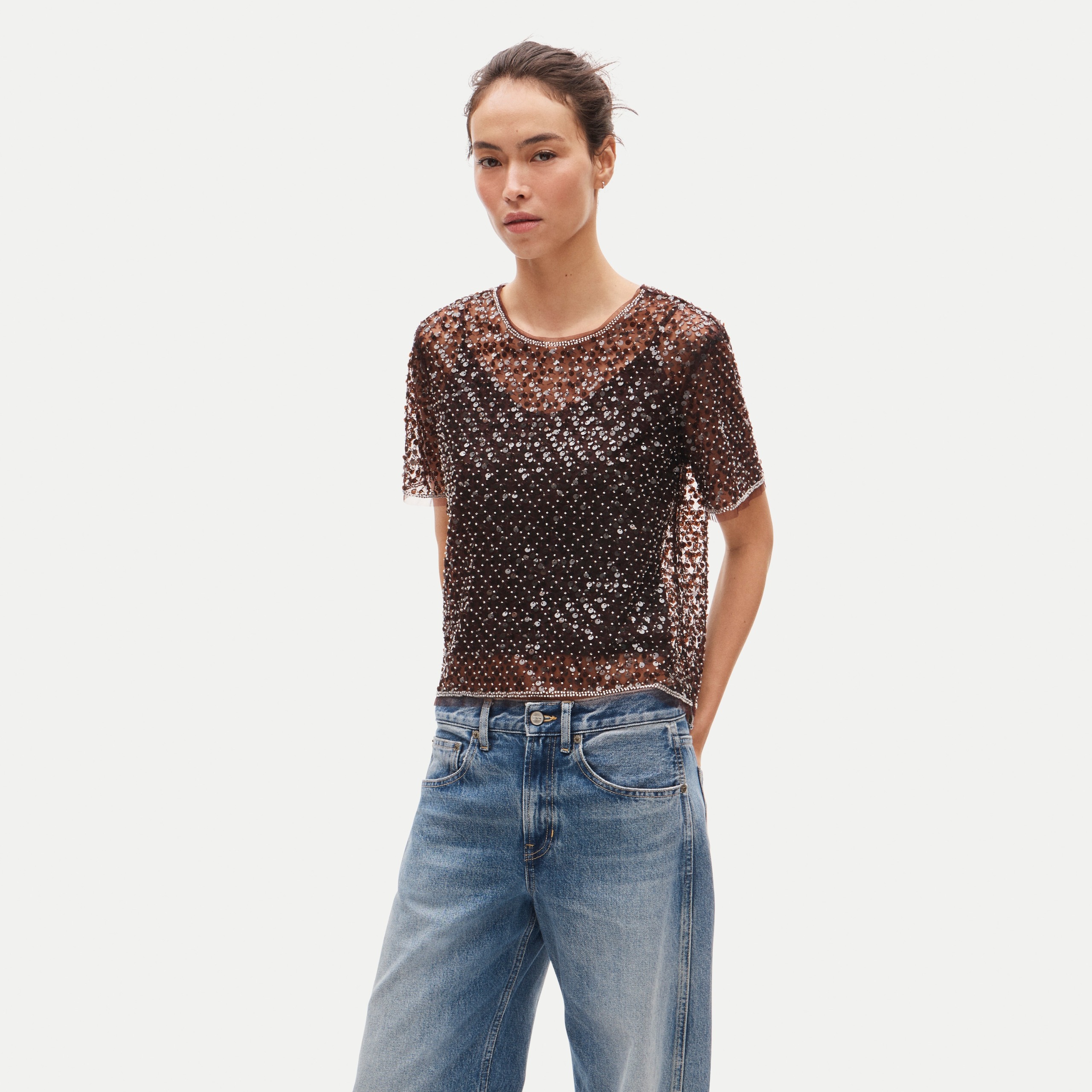 Embellished Tulle Short-Sleeve Top