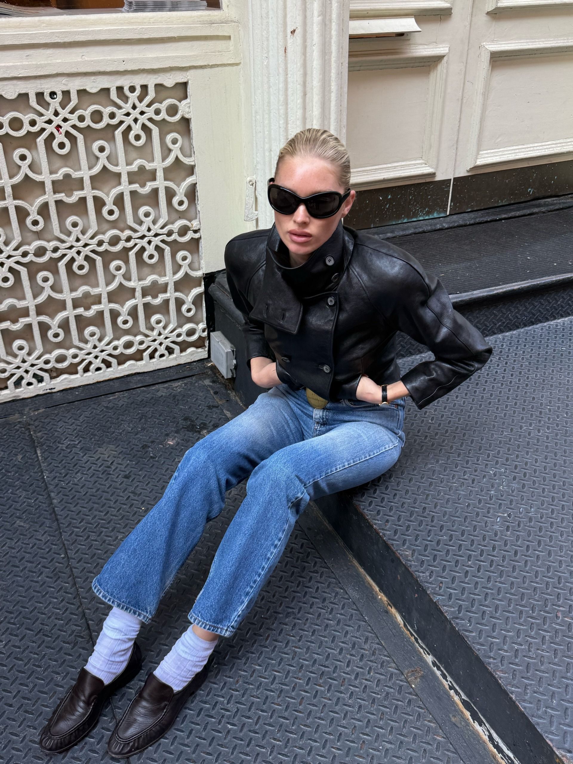 Elsa Hosk wearing a polished fall outfit.