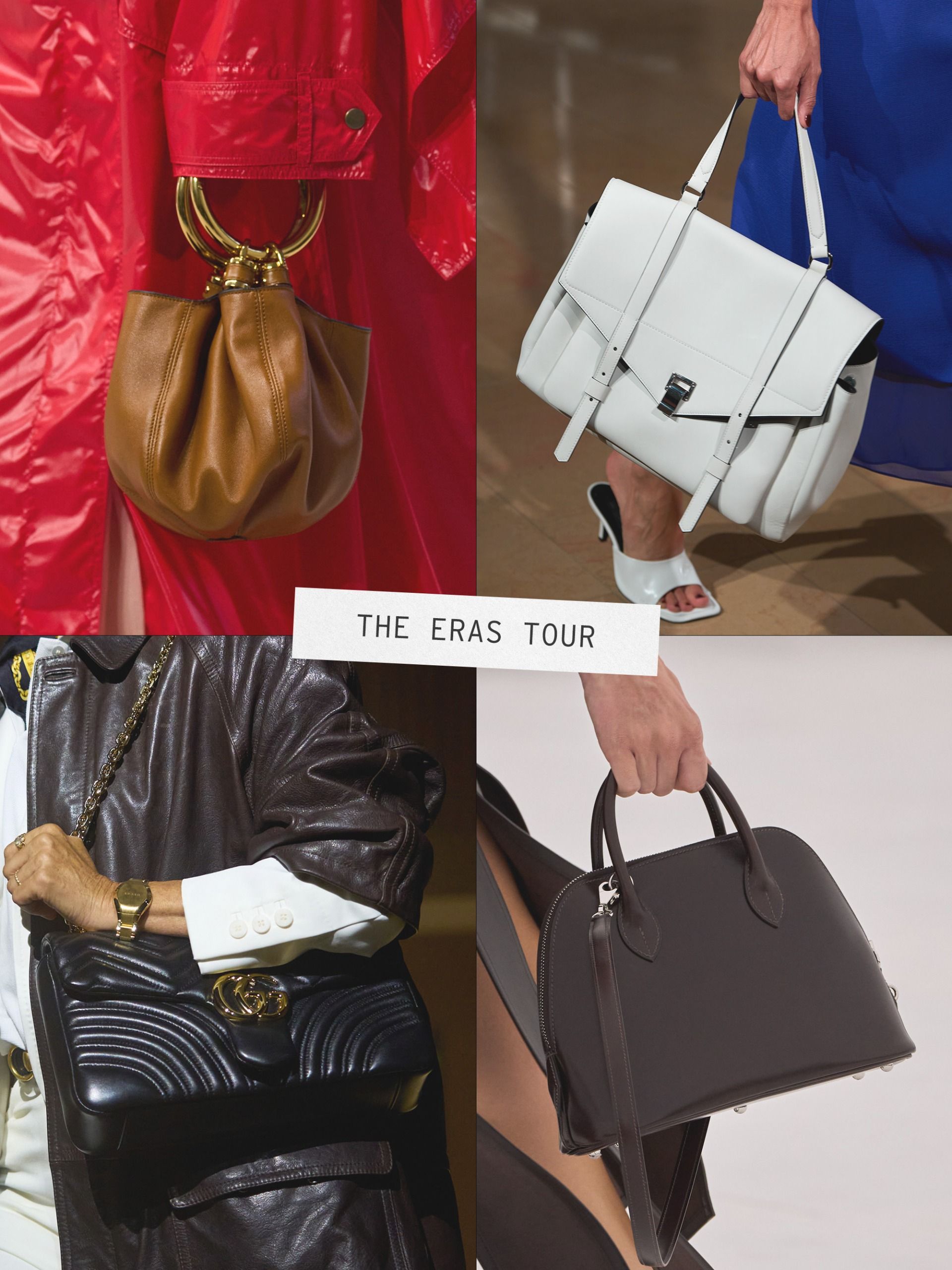 A collage of runway images featuring the major handbag trends of spring/summer 2027.