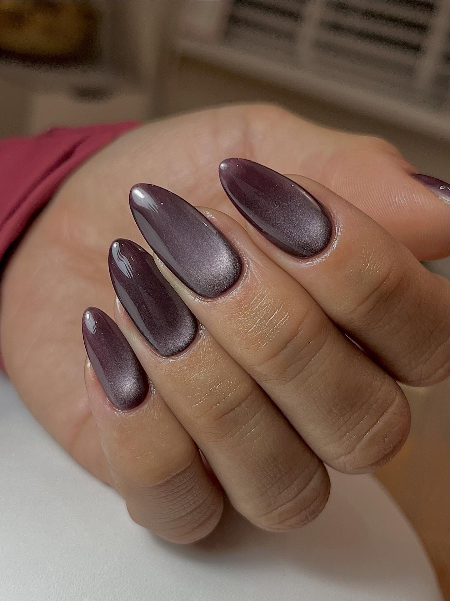 a close-up shot of dark  purple velvet nails