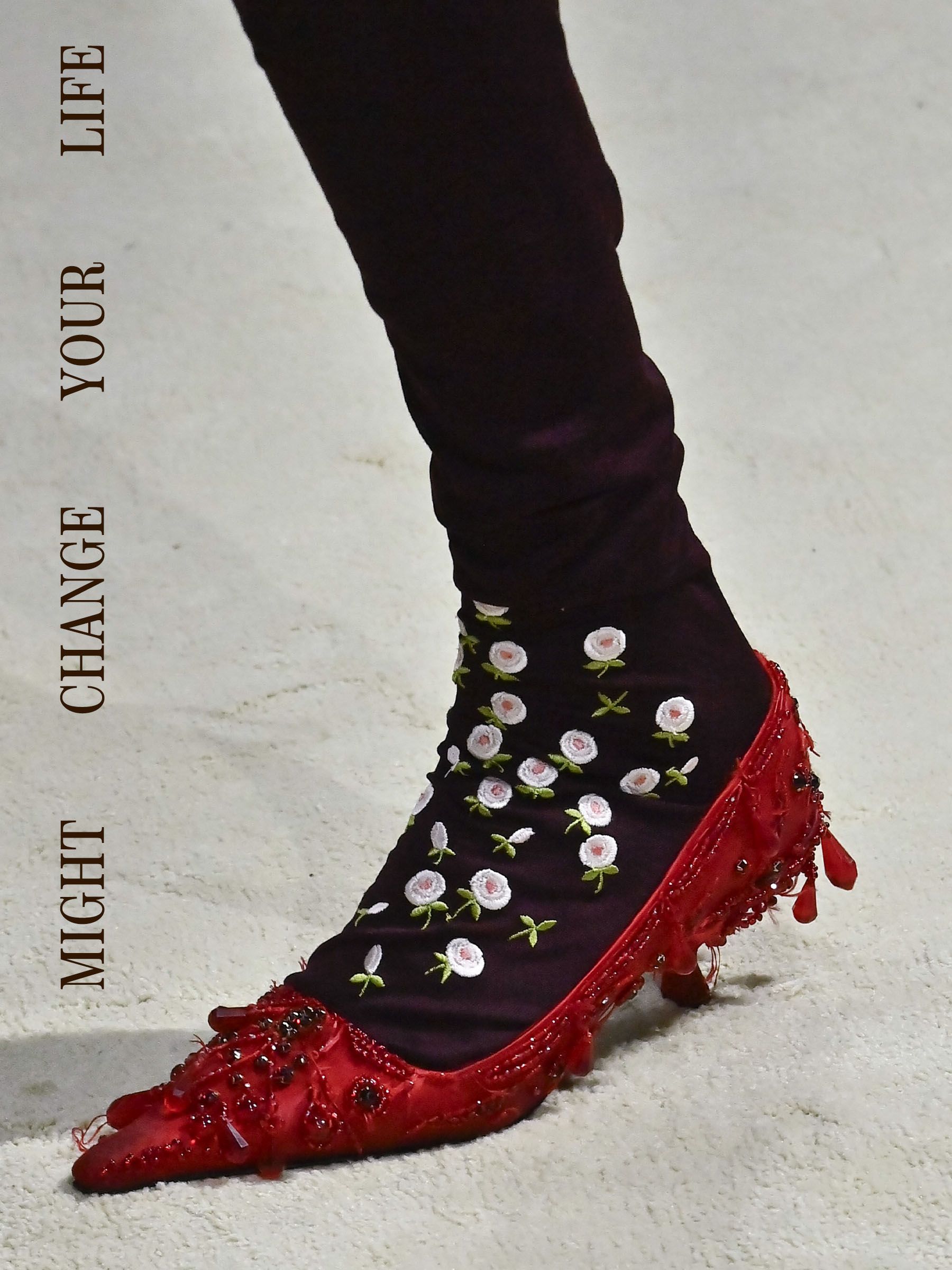 Red Prada embellished shoe on the FW26 Prada runway