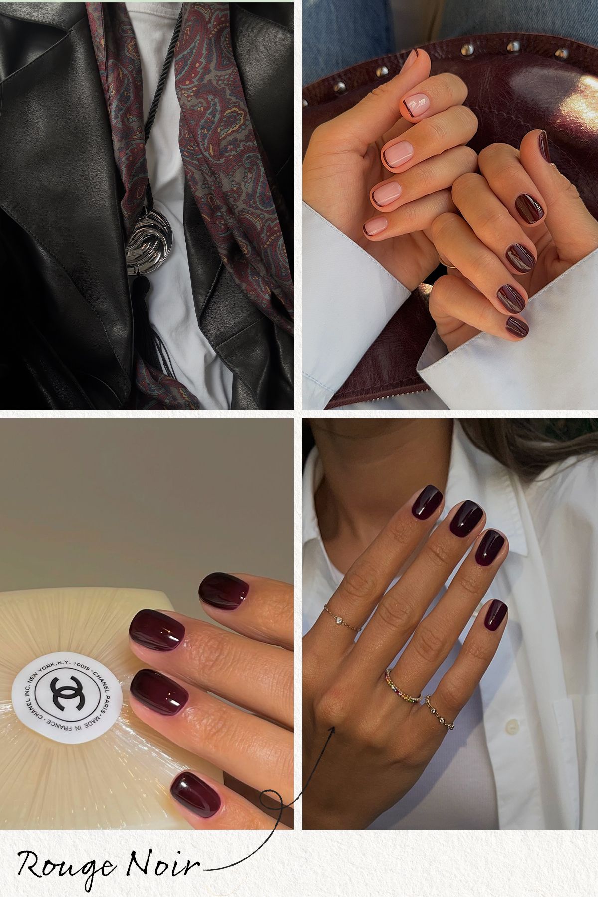 A collage of burgundy nail looks and matching accessories
