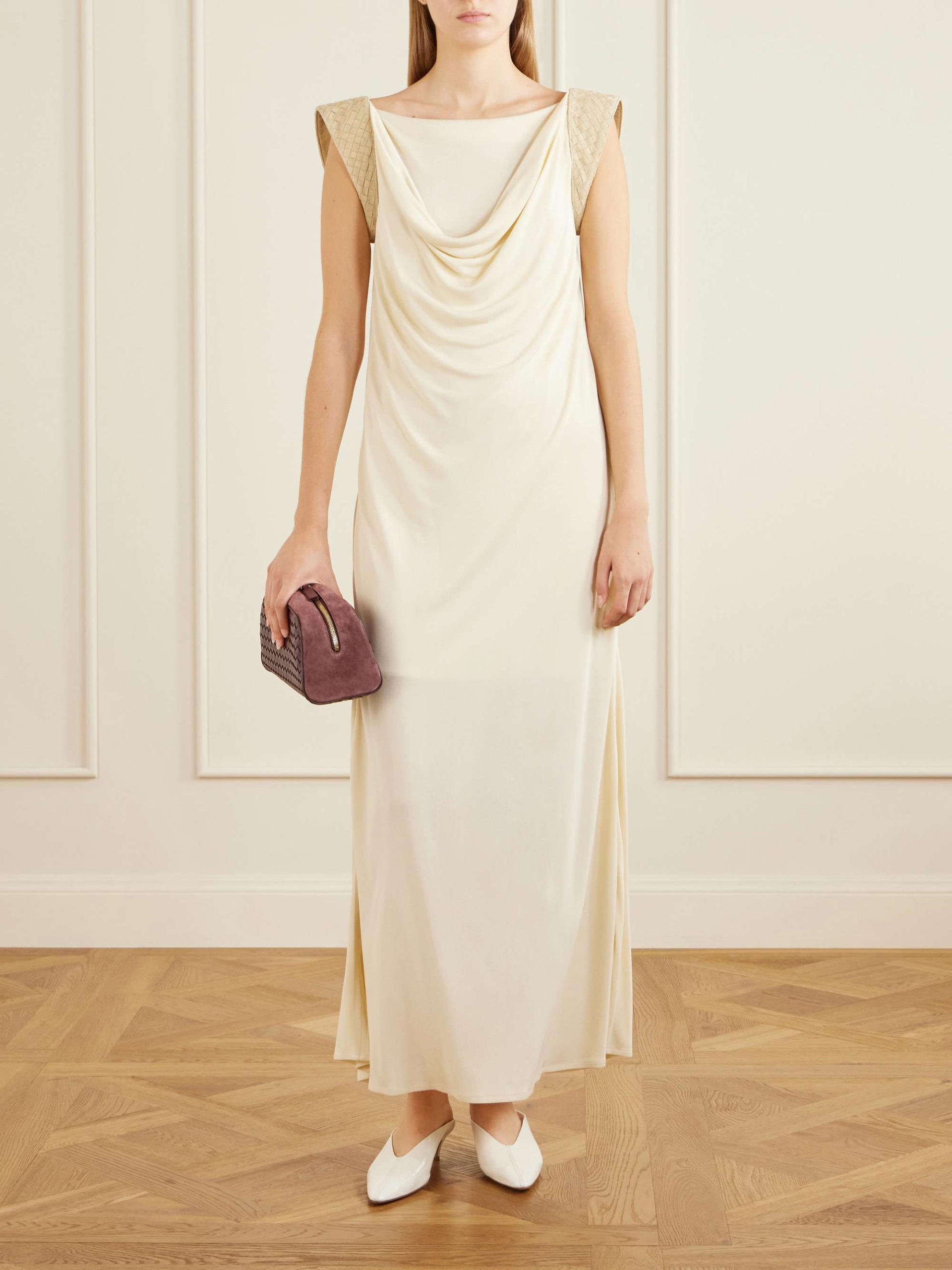 Draped Intrecciato Leather-Trimmed Jersey Maxi Dress