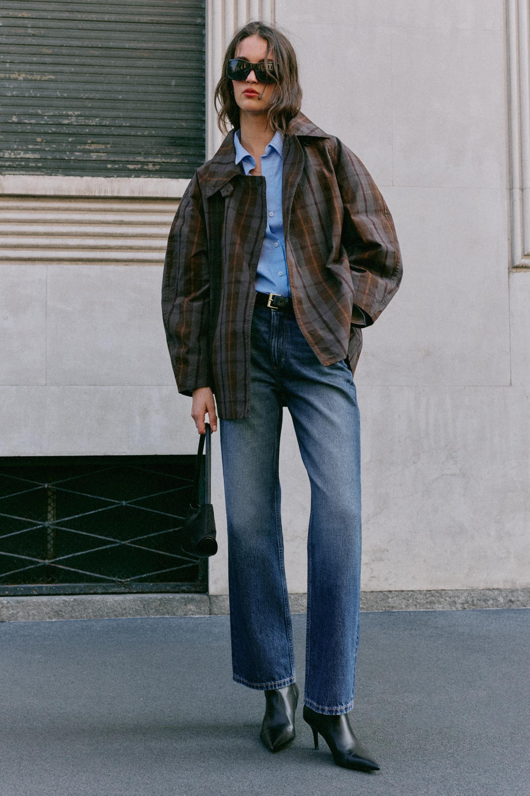 Belted Check Trench Coat - Brown-Blue - Xs