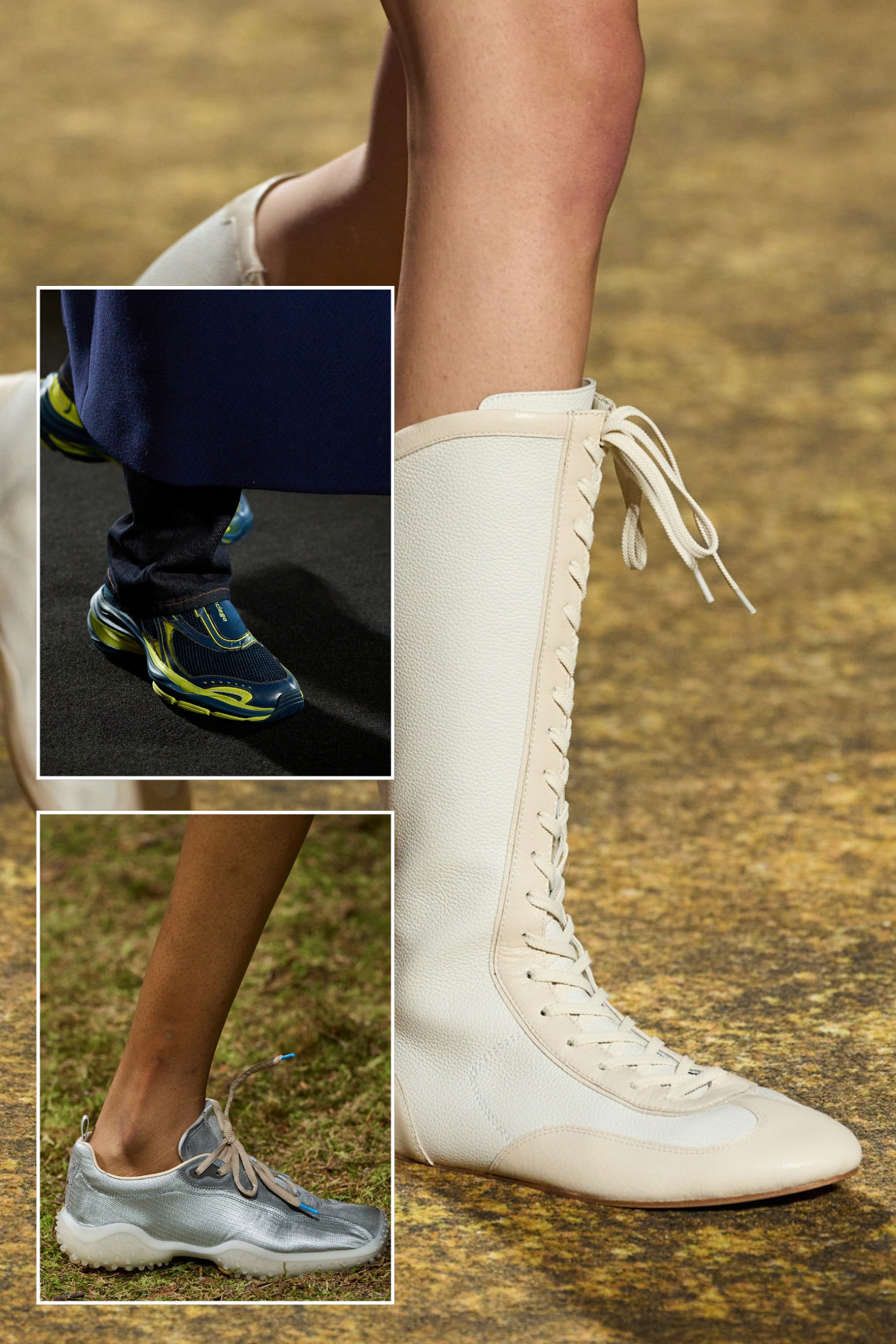 Paris fashion week street style trainer trends September 2026. Image shows the trainer trends visable at Miu Miu, Shitzy Chen and Balenciaga A/W 2026 runways.