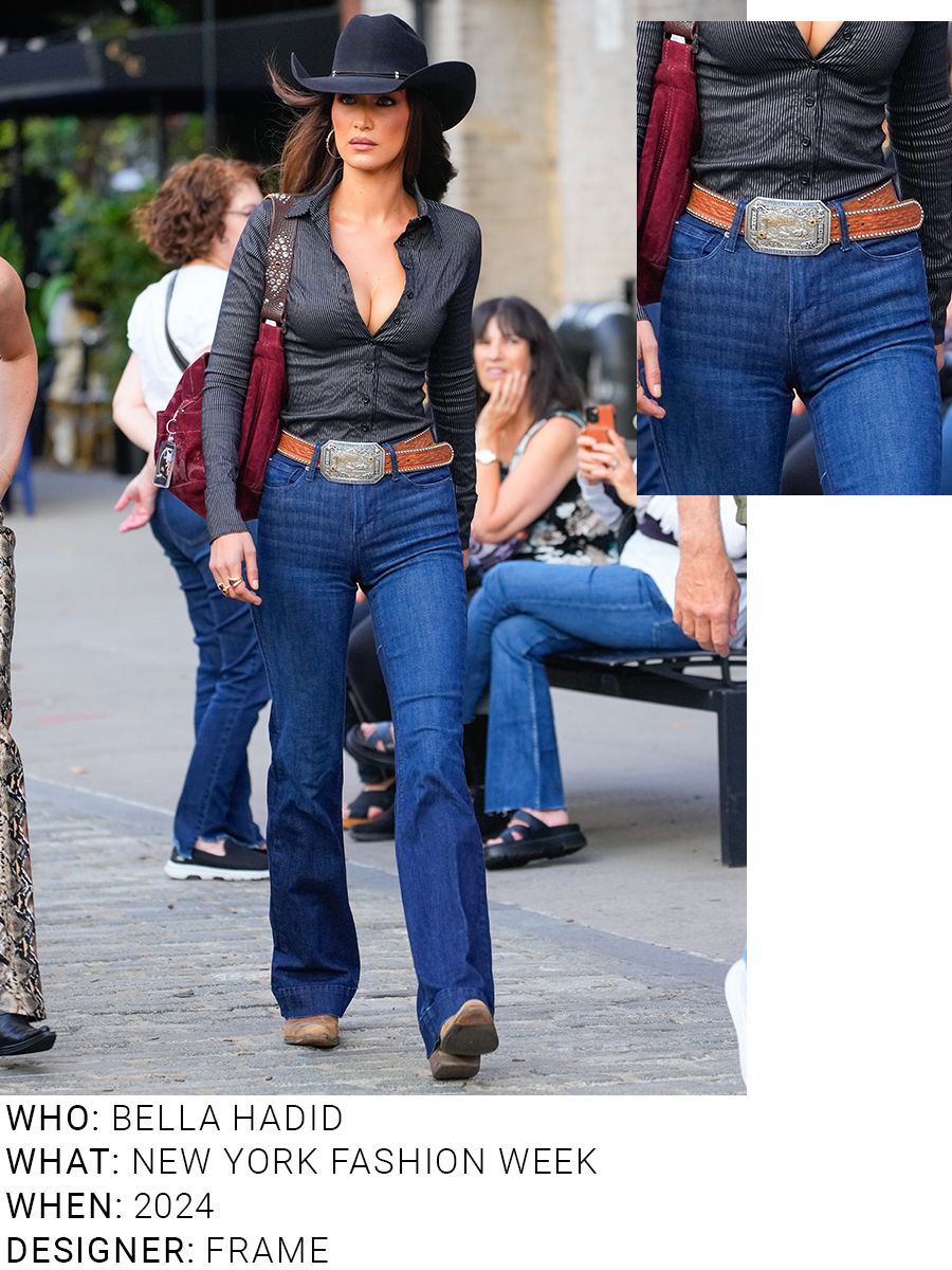 An image of Bella Hadid wearing an iconic jeans outfit whilst attending NYFW in 2024.