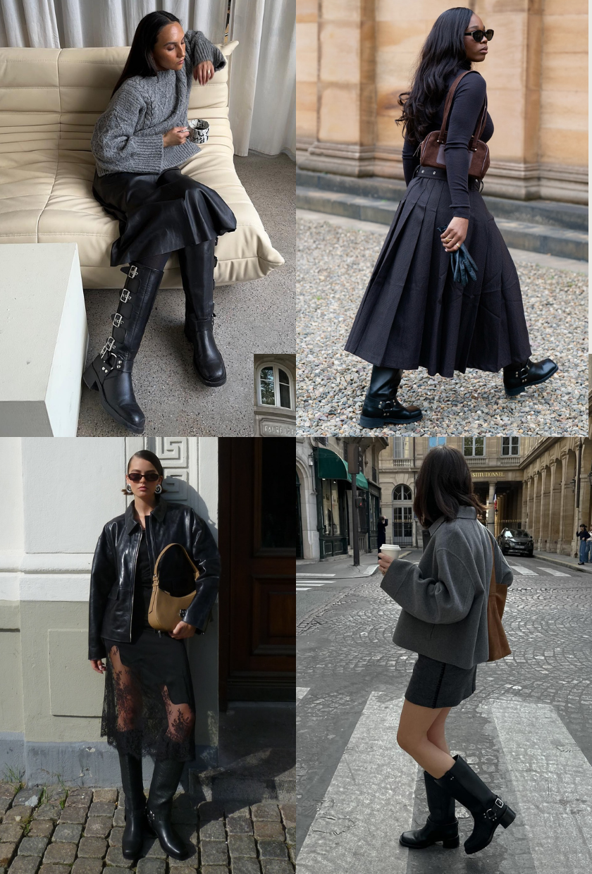 @ingridedvinsen wearing a black slip skirt. @rabia.cissokho wearing a black pleated skirt, @maryljean wearing a black lace skirt, @francescasaffari wearing a black mini skirt with biker boots