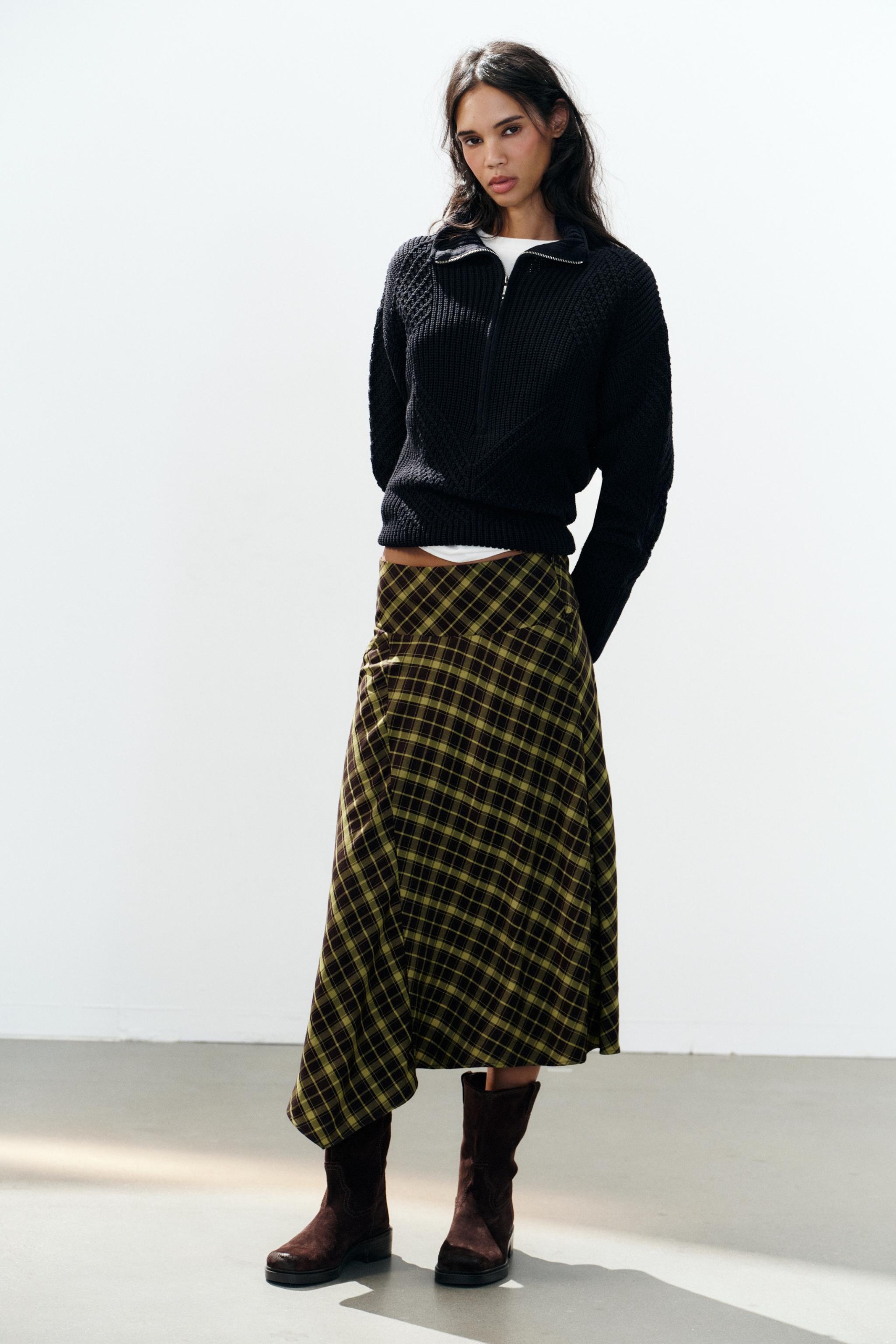Asymmetric Checked Midi Skirt - Brown / Green - Xs
