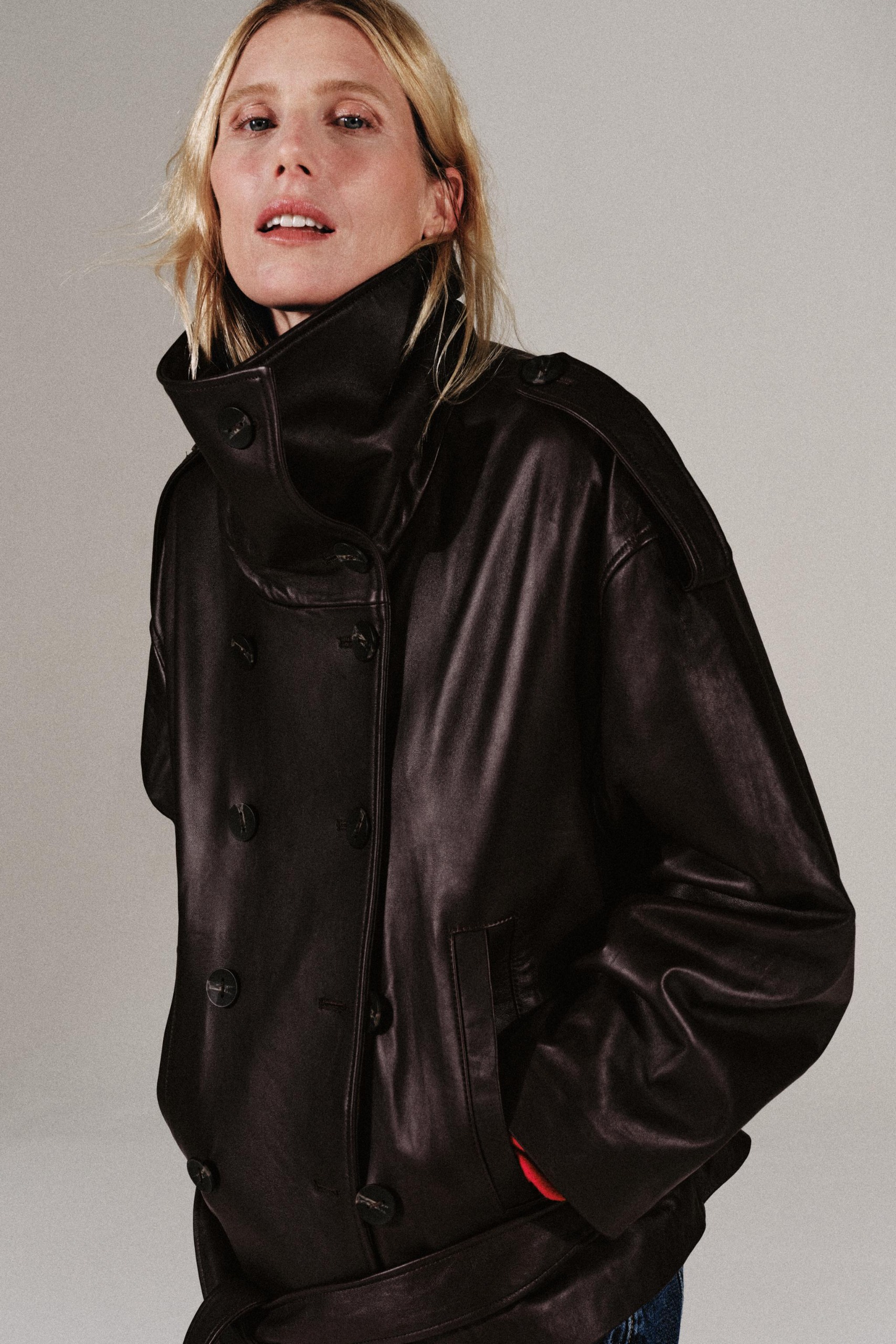 100% Leather Belted Jacket - Dark Eggplant - Xs