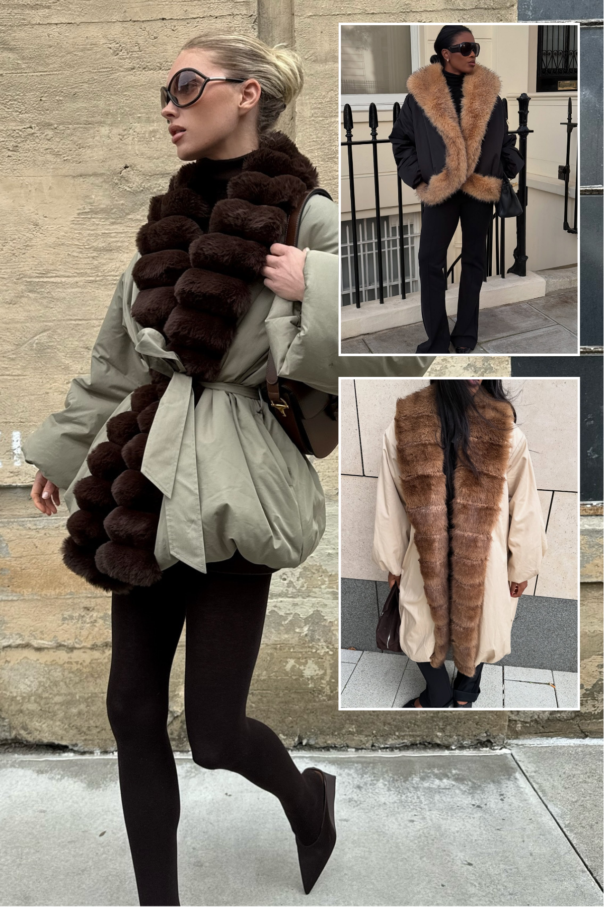 A collage of the bomber jacket trend, one of the biggest styles to make a comeback for winter.