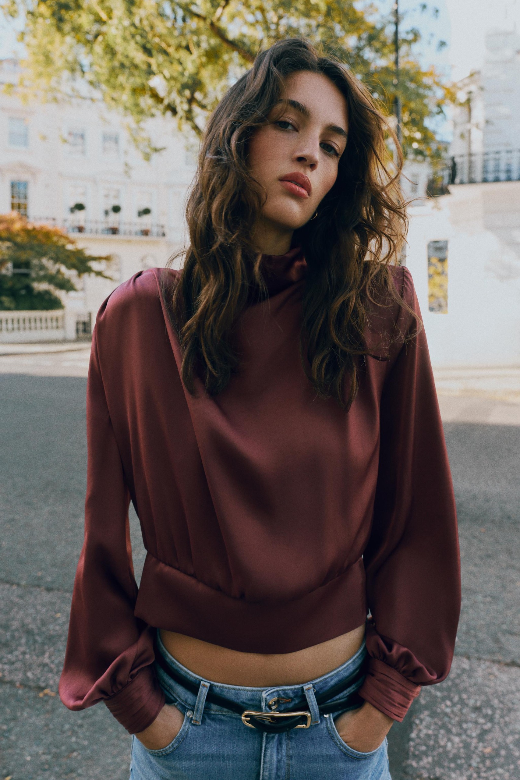 Satin Blouse With Shoulder Pads - Burgundy - Xs