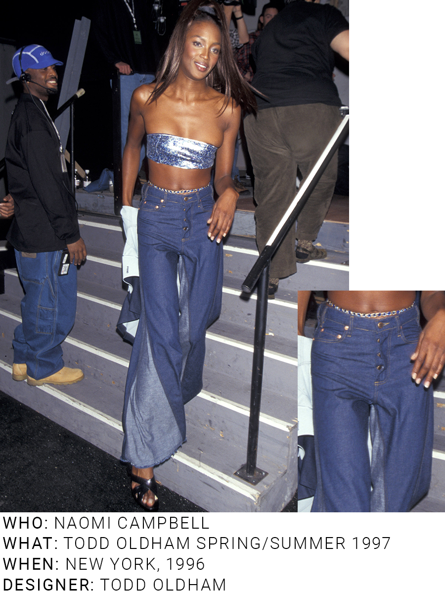 An image of Naomi Campbell wearing an iconic denim outfit at the Todd Oldham SS97 show.