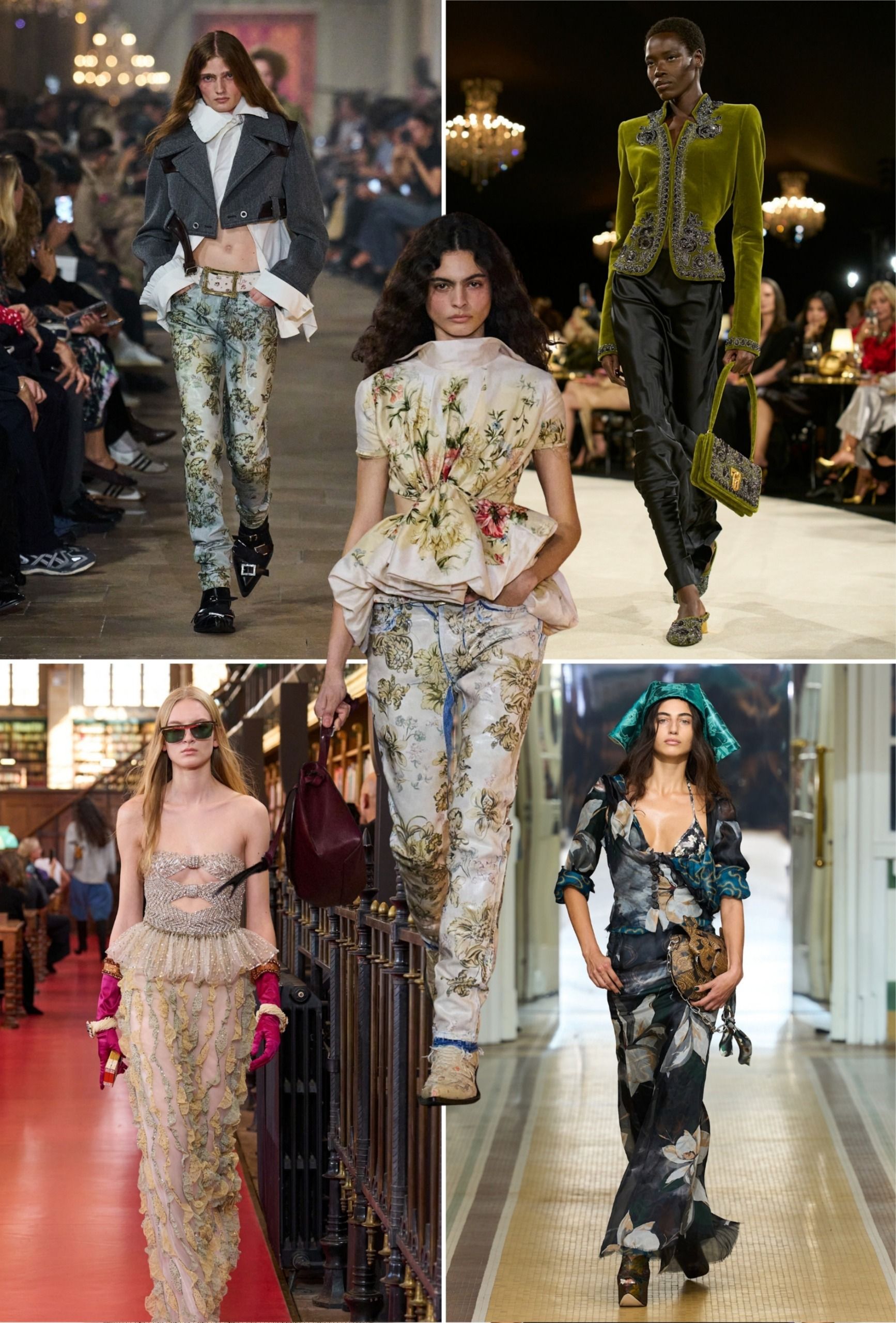 Collage of runway models showing the rococo trend during paris fashion week spring summer 2027