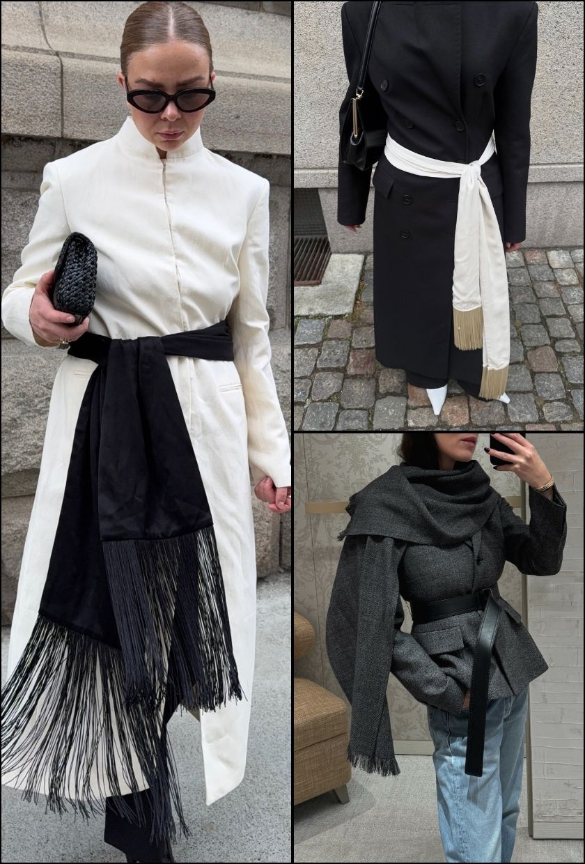 @dinahansen wears a black fringe scarf with a white maxi coat, @ingridedvinsen wears a cream fringe scarf with a black maxi coat, @annabelrosendahl wears a grey fringe scarf jacket