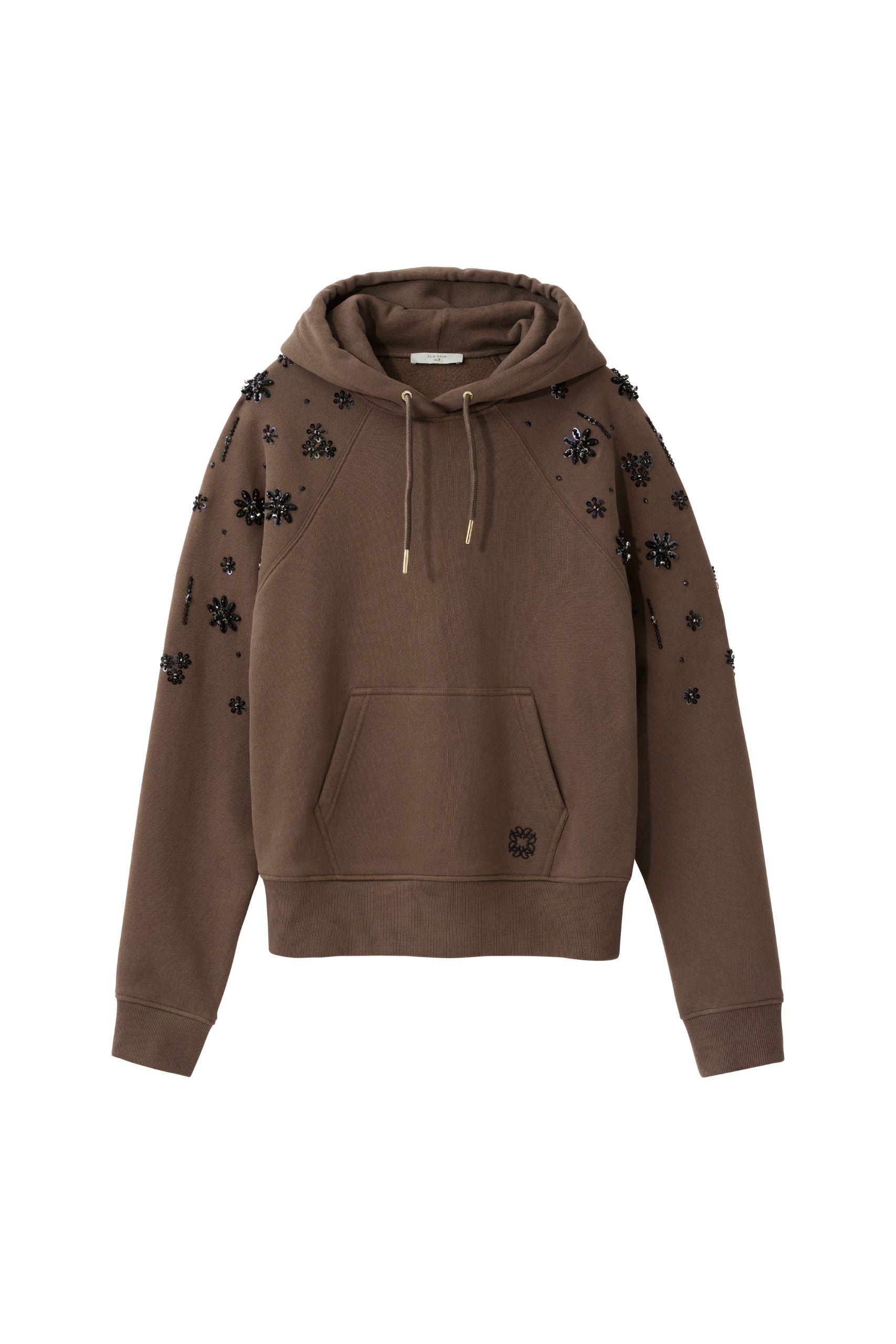 brown sweater with black florals.