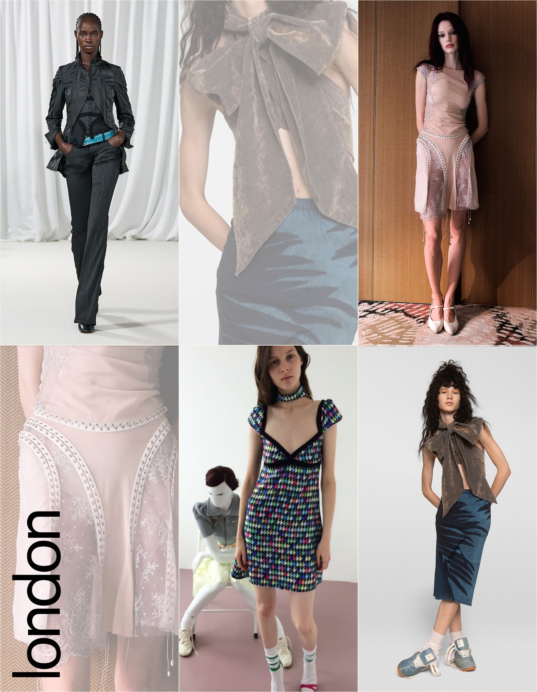 Collage of London Fashion Week spring/summer 2027 runway models.